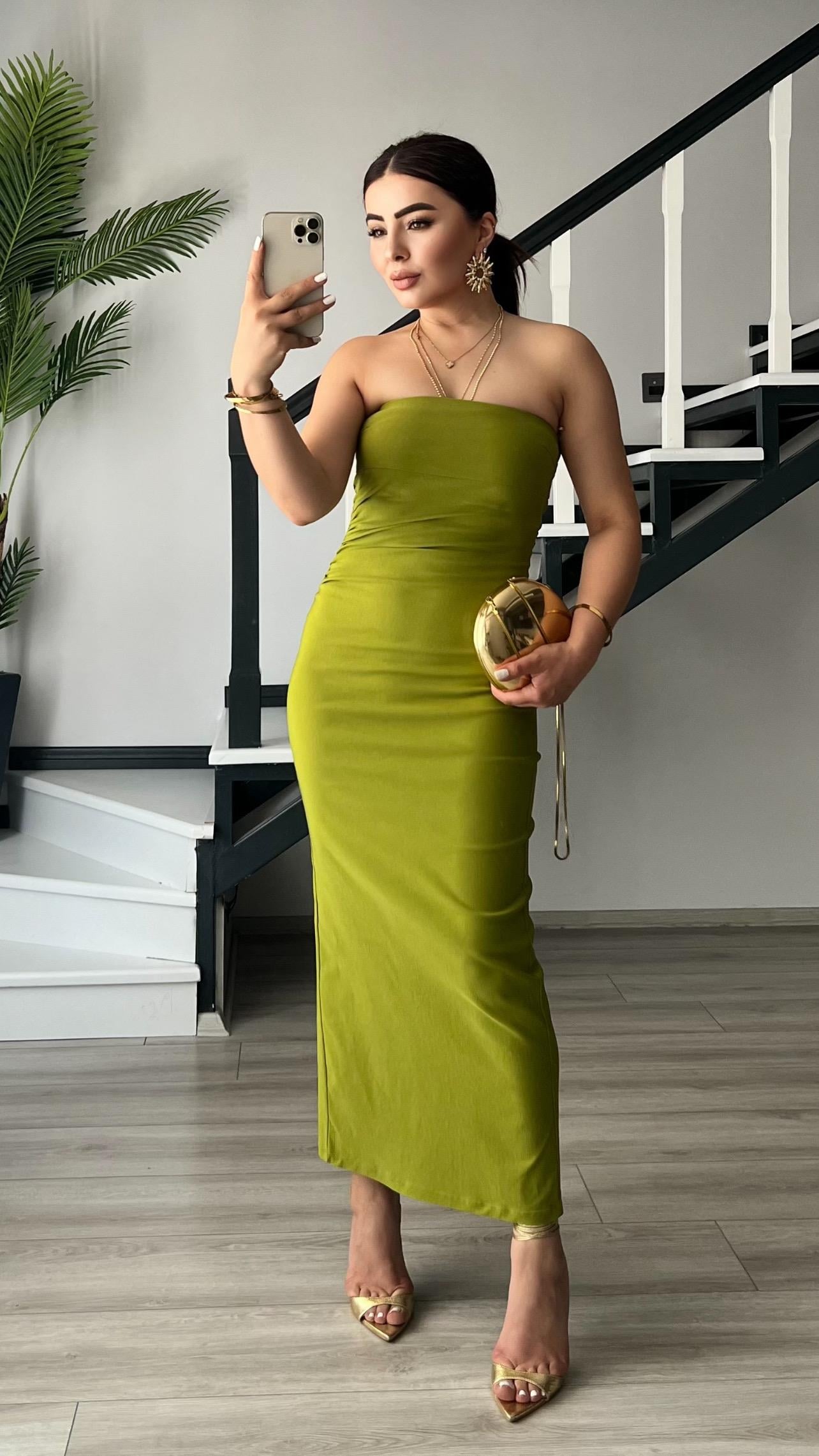 Olive Straplez Bel Gipe Detaylı Yırtmaçlı Elbise