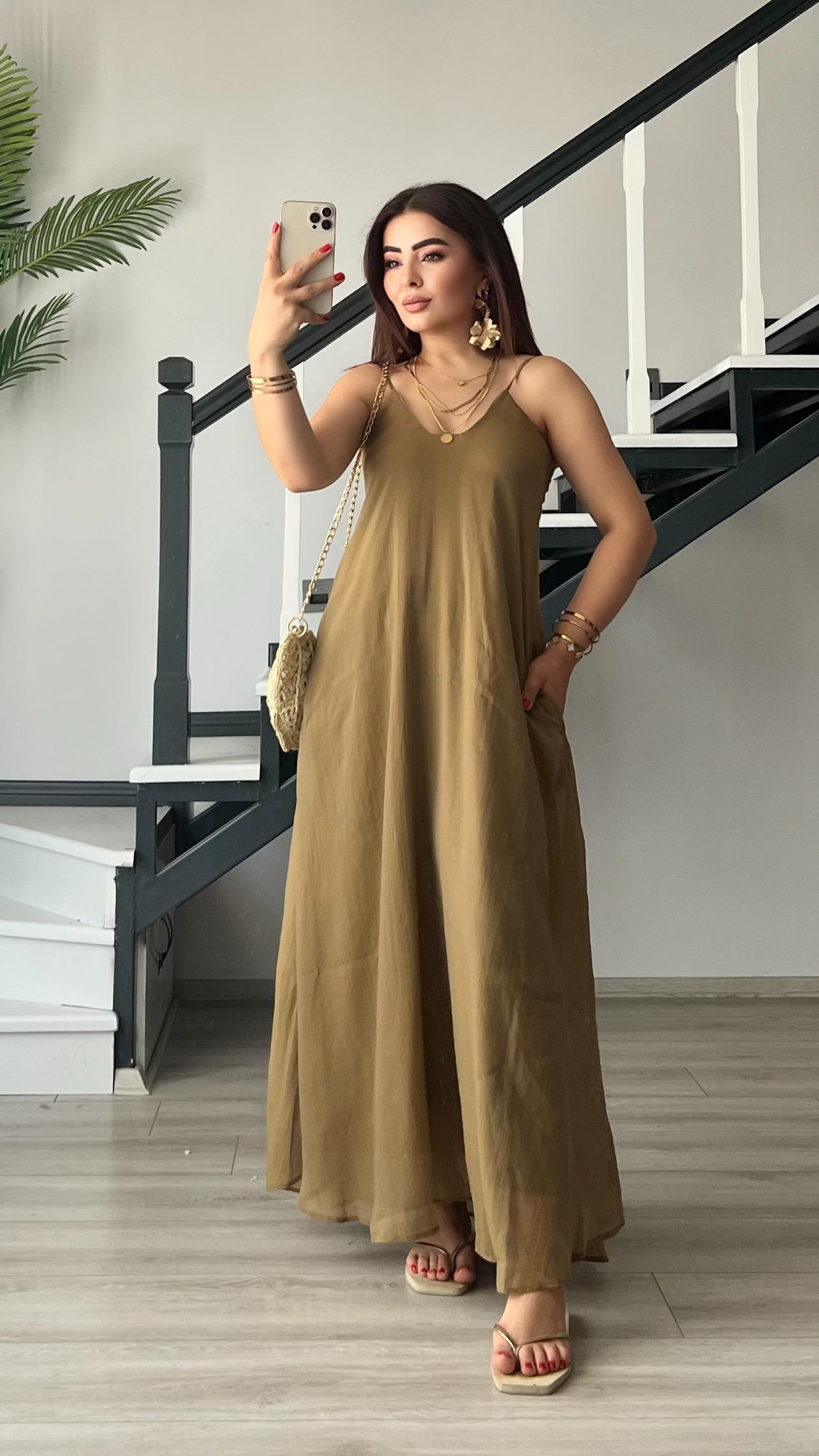 Olive Tnsel Ayatalanabilir Askılı Cepli Elbise