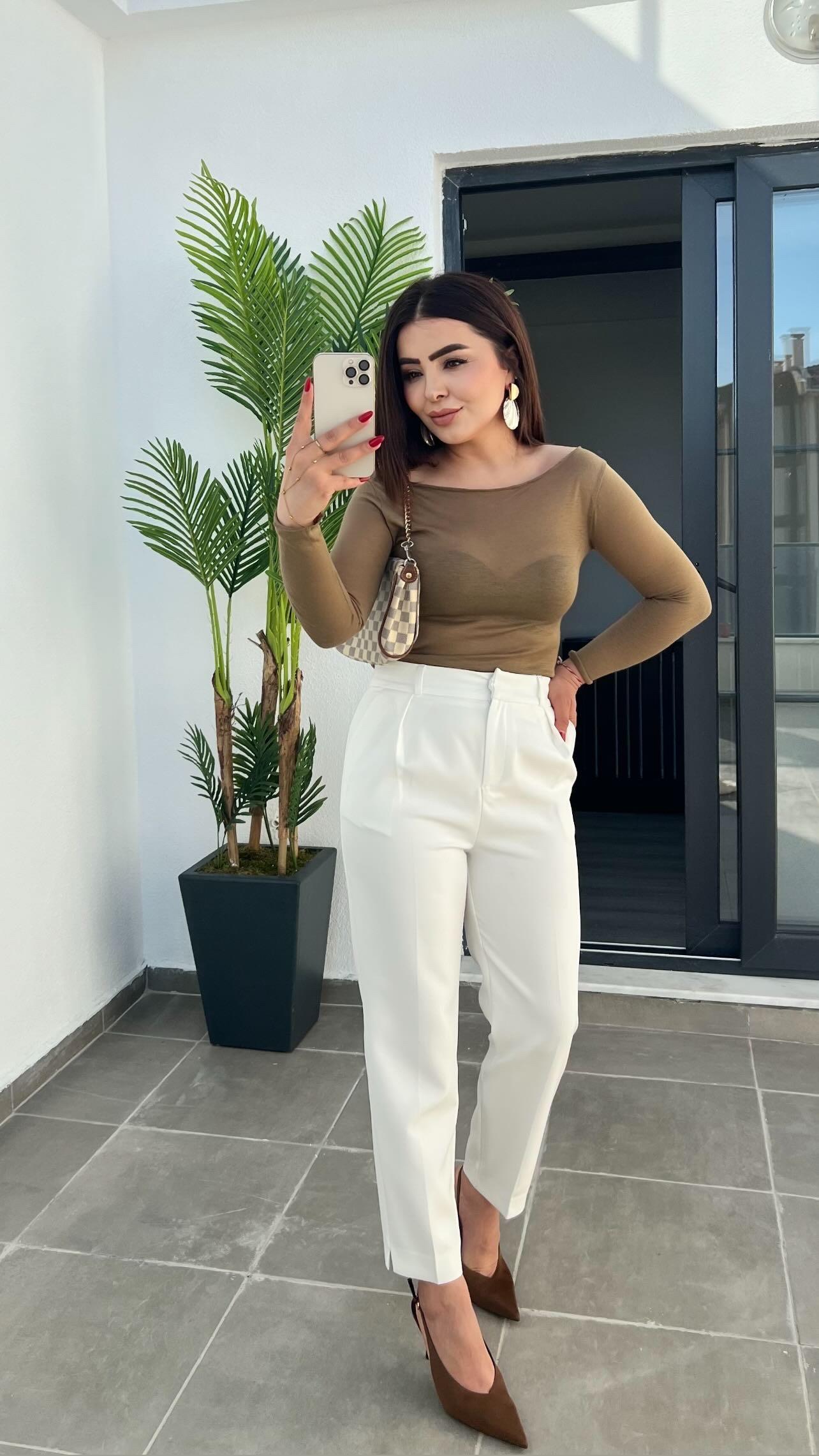Olive Transparan Kayık Yaka Bluz 