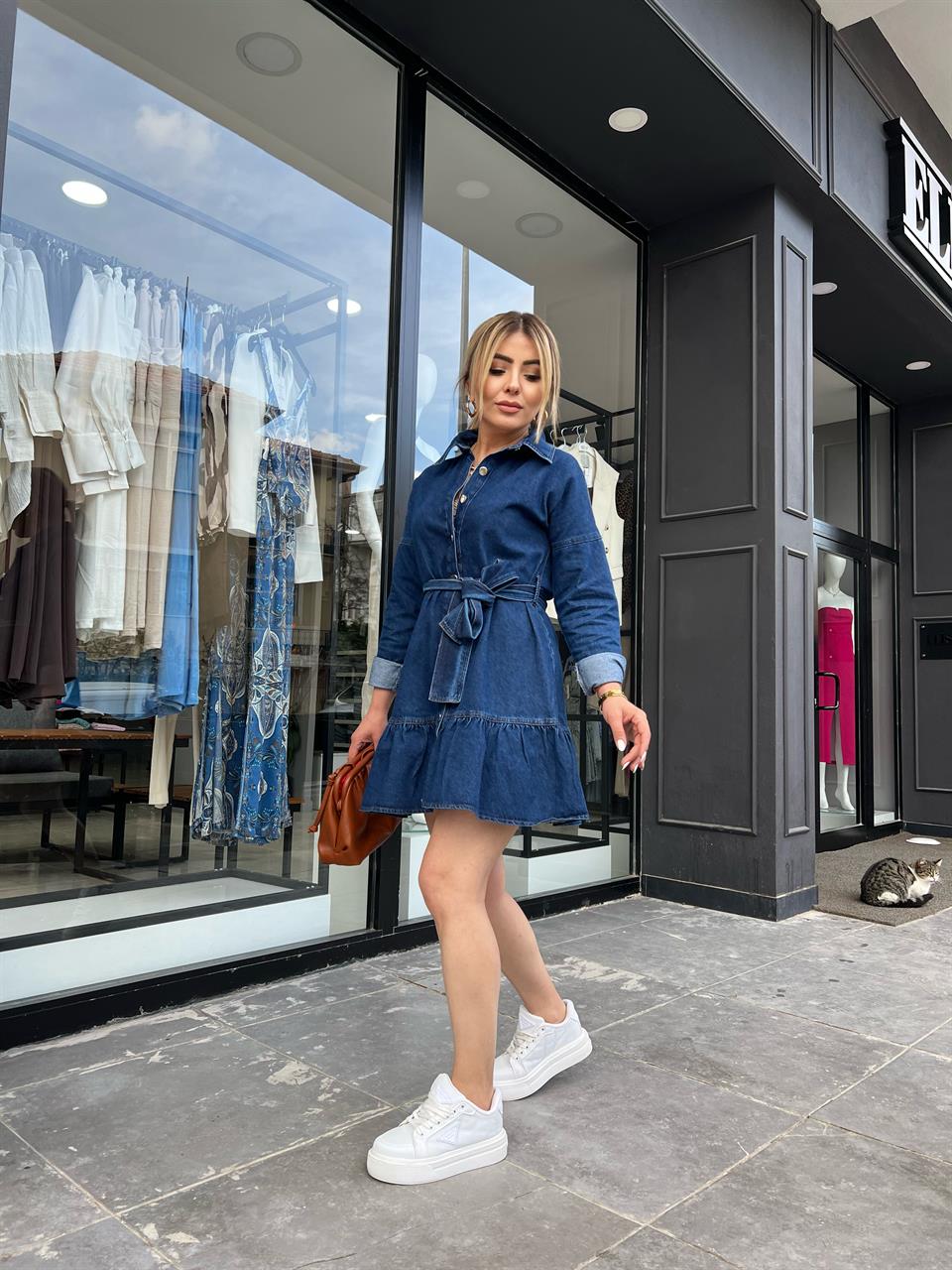 Front Buttoned Belted Denim Dress