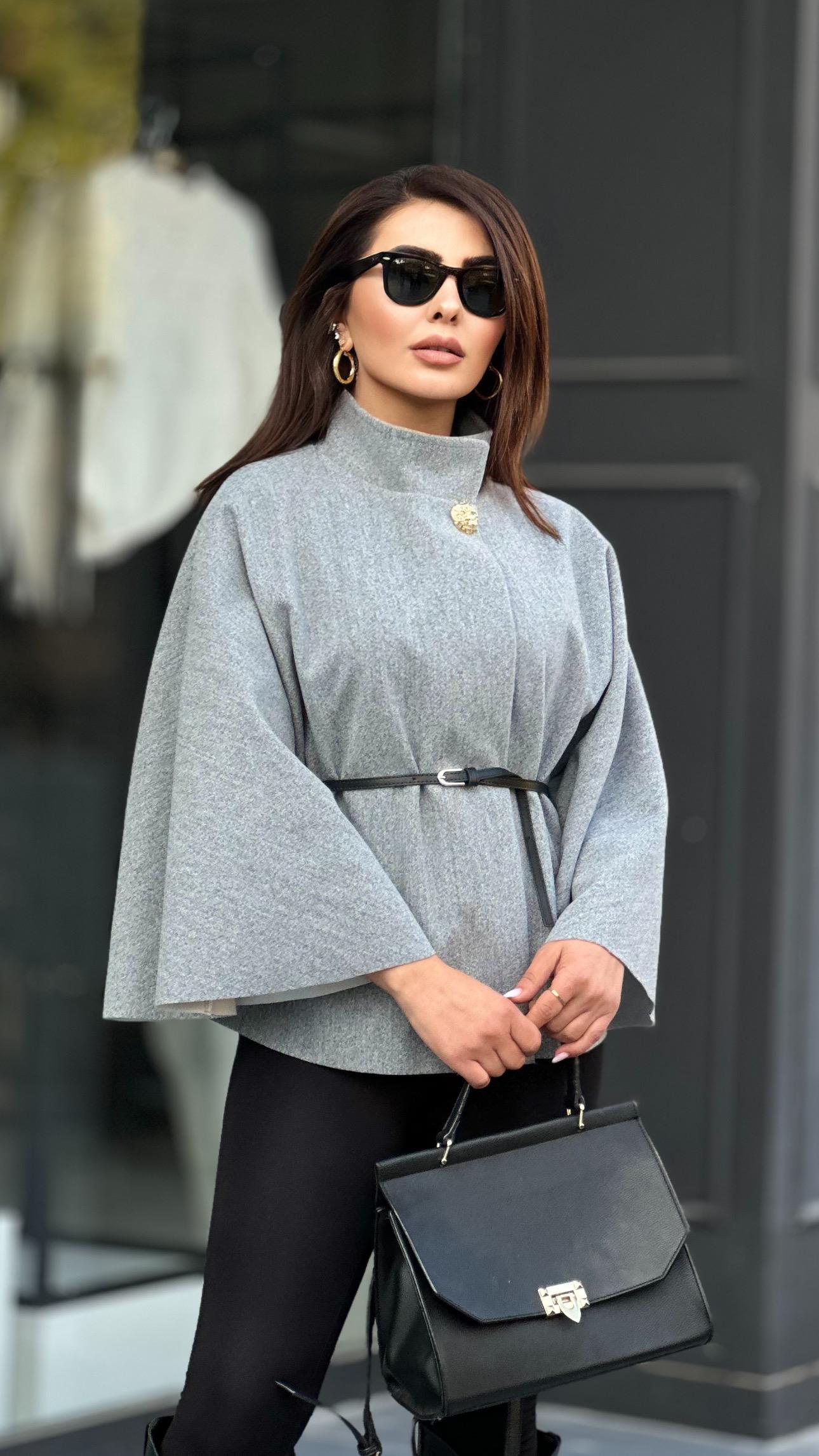 Original Brand Grey Gold Button Belted Stand-Up Collar Poncho