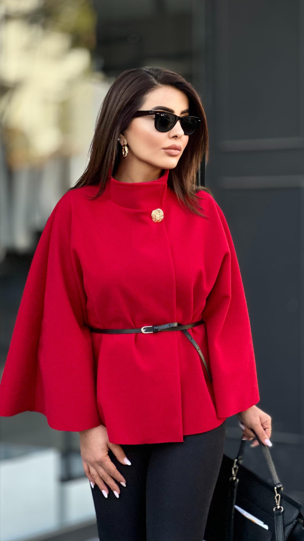Original Brand Red Gold Button Belted Stand-Up Collar Poncho