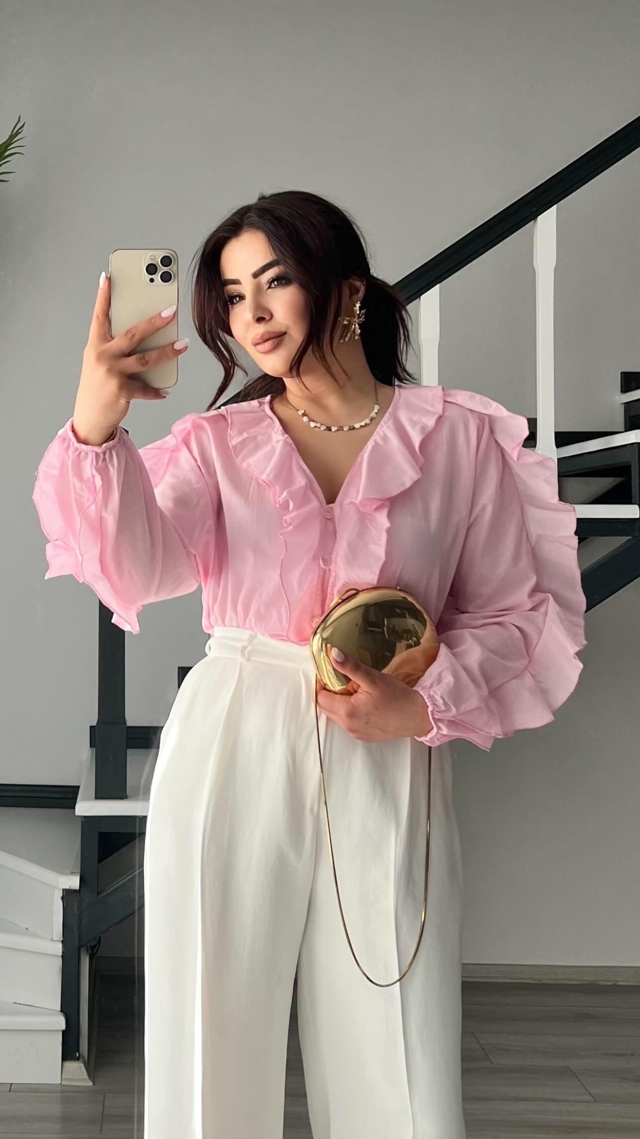 Orijinal Marka Pembe Fırfırlı Gömlek
