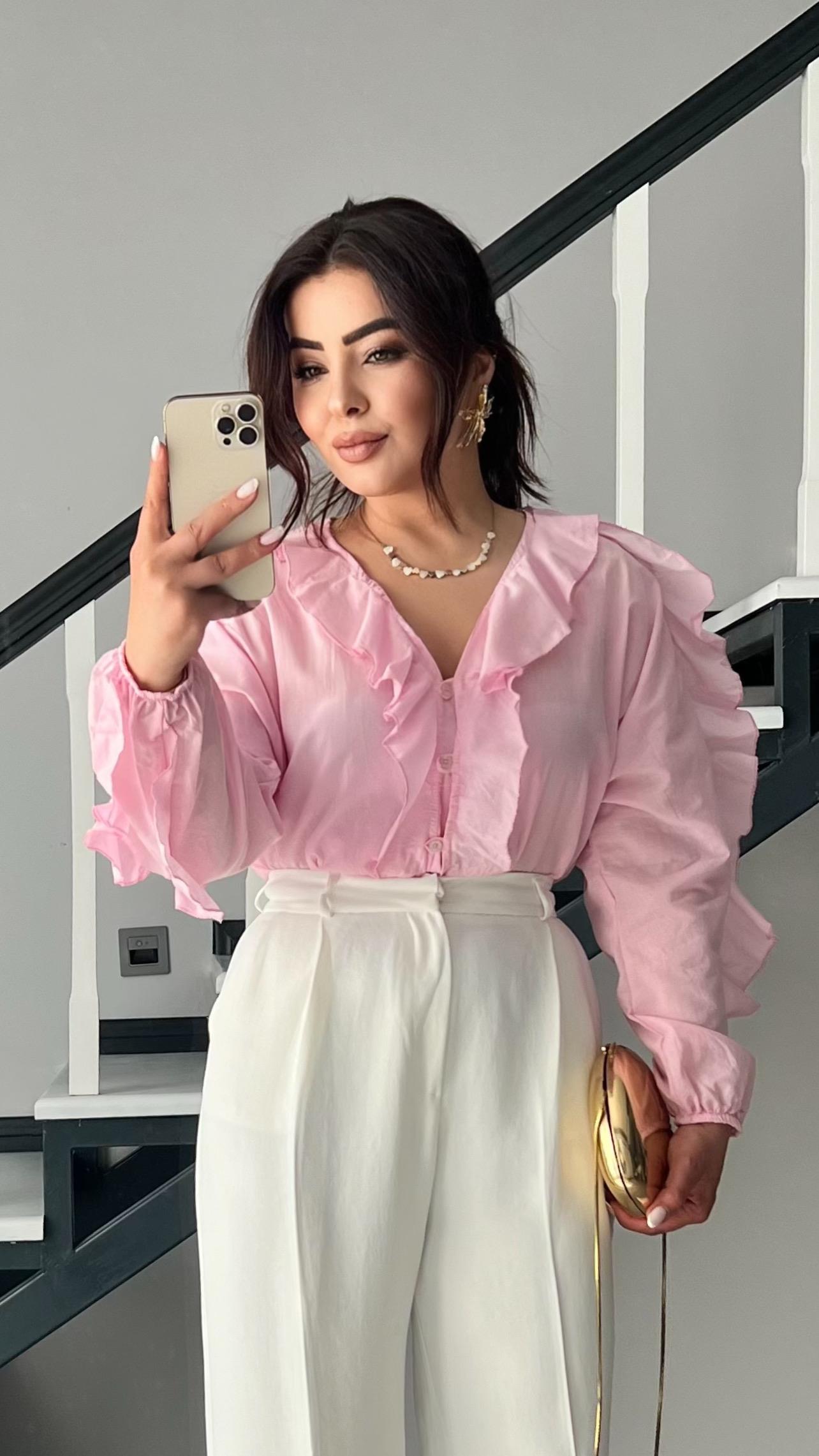 Orijinal Marka Pembe Fırfırlı Gömlek