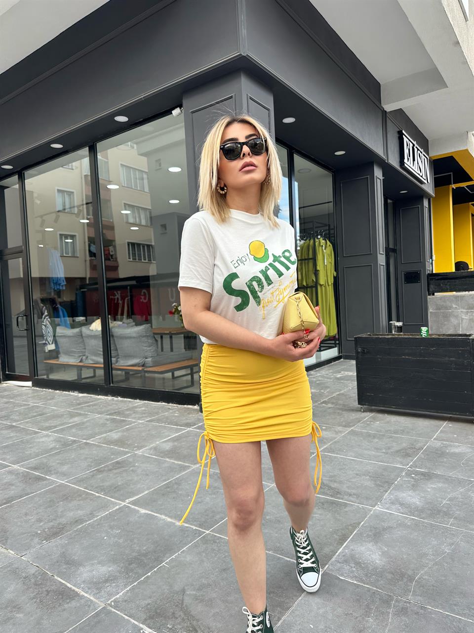 Orj Marka Sarı Yandan Büzgülü Mini Etek