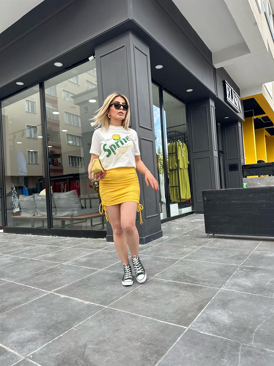 Orj Marka Sarı Yandan Büzgülü Mini Etek