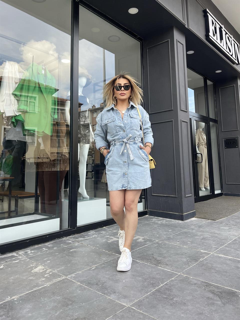 Orj. Marka Kuşaklı Denim Elbise 