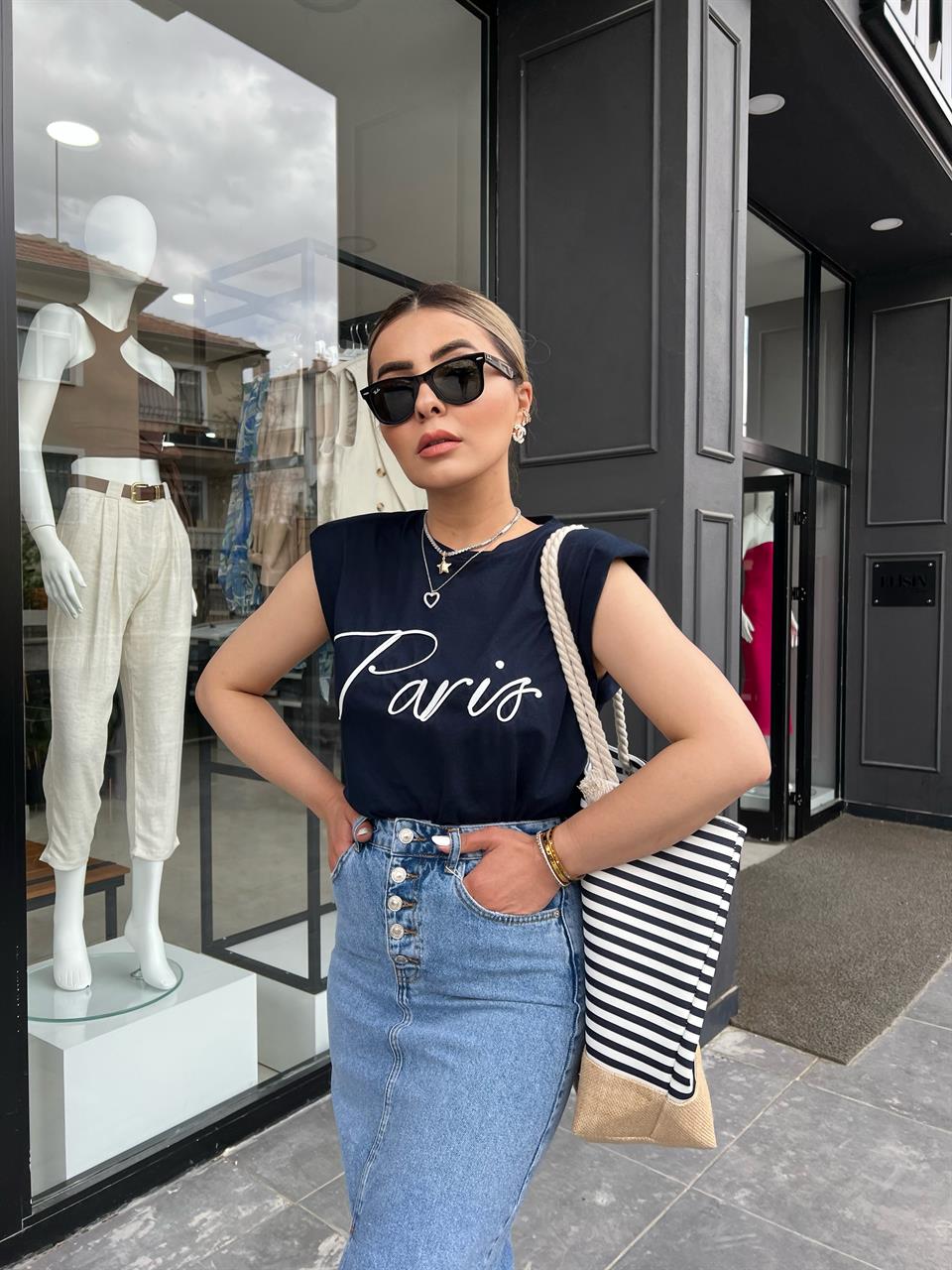Paris Embroidered Padded T-Shirt Navy Blue