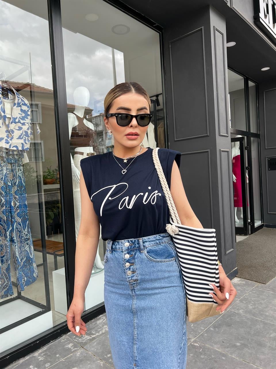 Paris Embroidered Padded T-Shirt Navy Blue