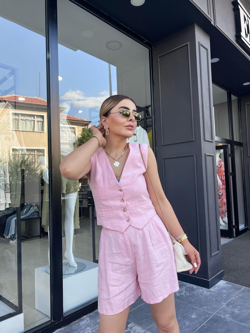 Pink 100% Raw Linen Lined Cotton Vest