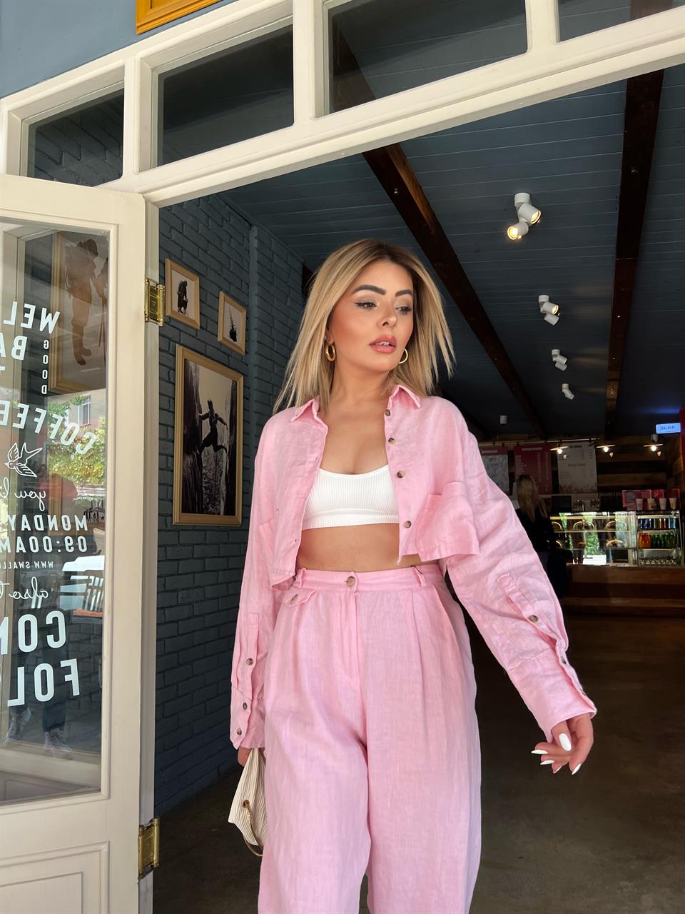 Pembe %100 Ham Keten Crop Gömlek 