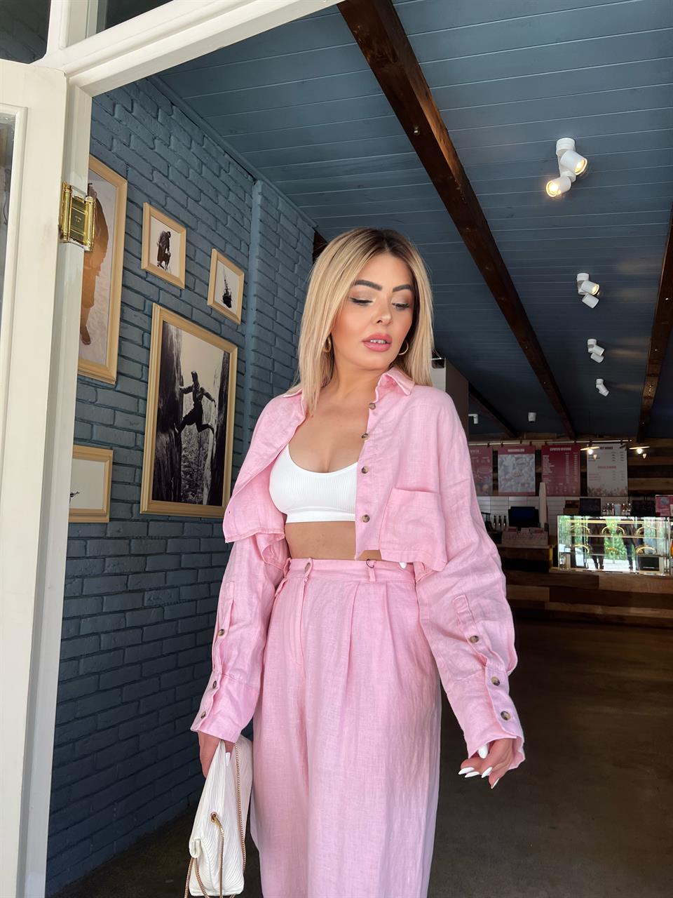Pembe %100 Ham Keten Crop Gömlek 