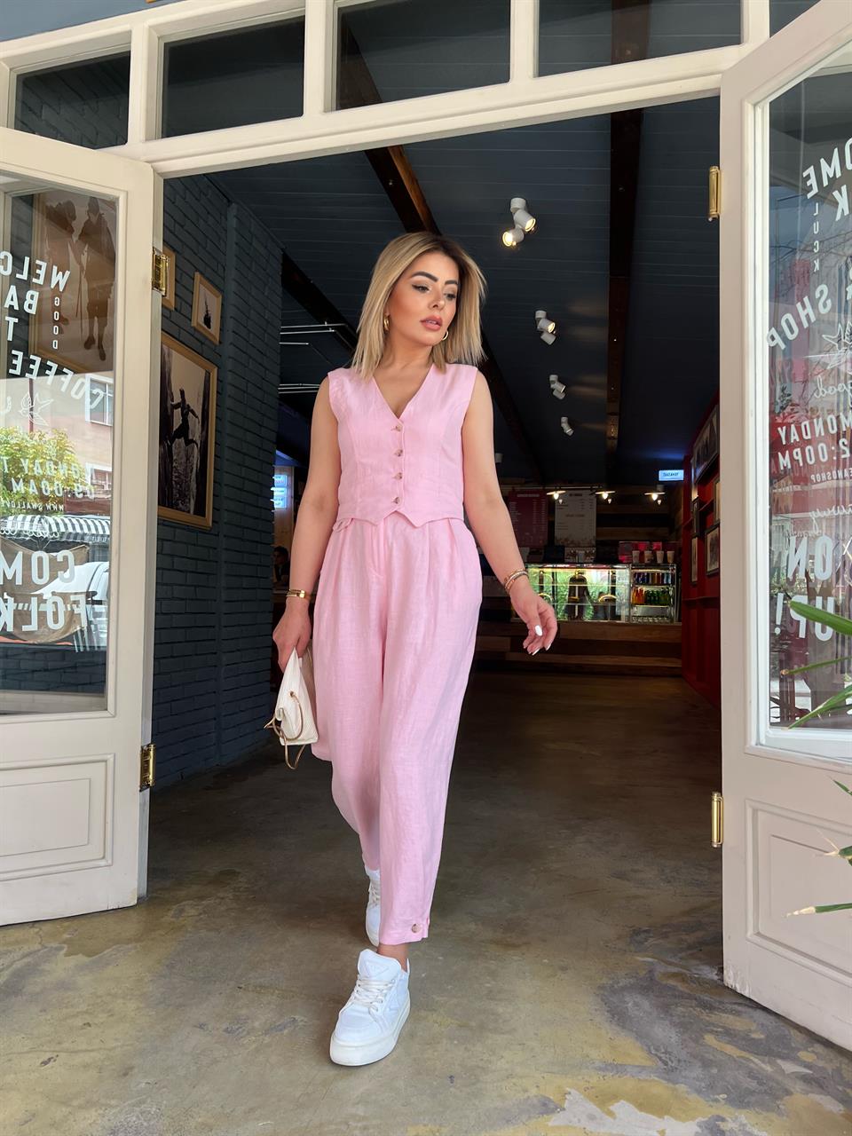 Pembe %100 Ham keten Paça Düğmeli Pantolon 