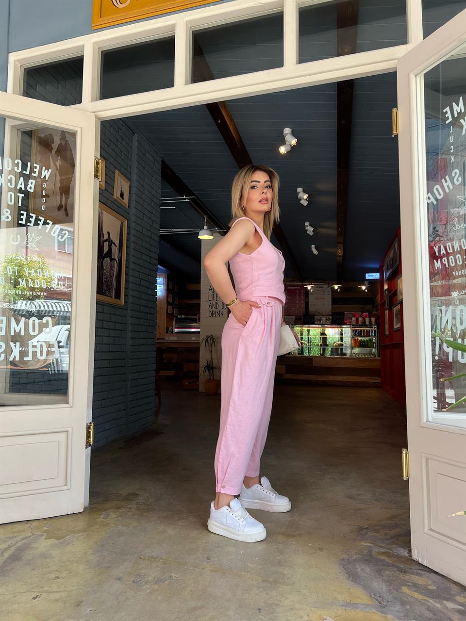 Pembe %100 Ham keten Paça Düğmeli Pantolon 