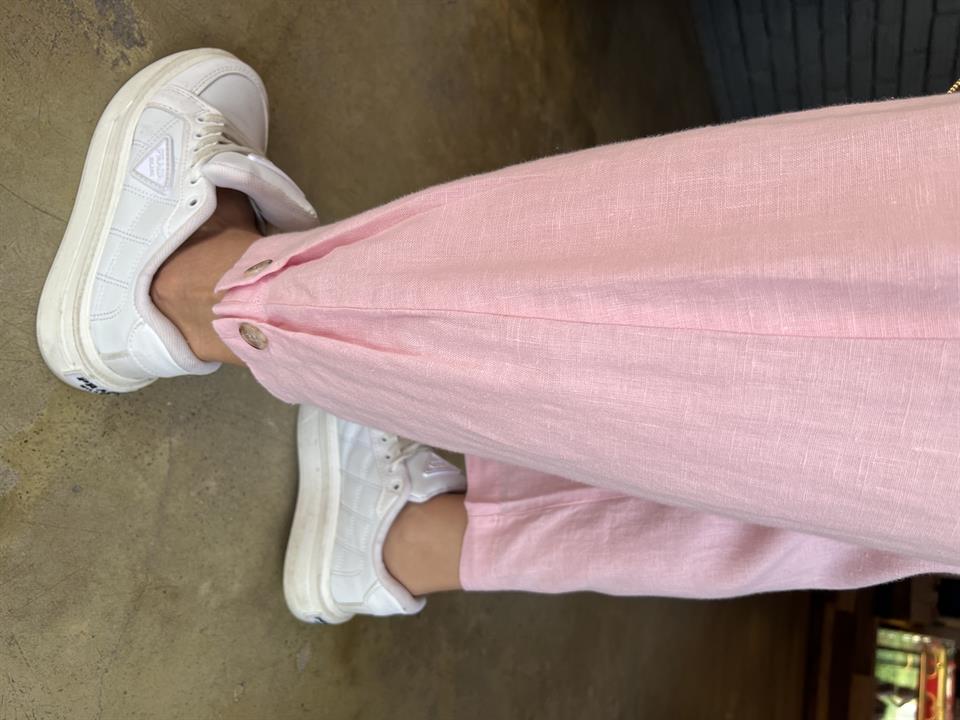 Pembe %100 Ham keten Paça Düğmeli Pantolon 