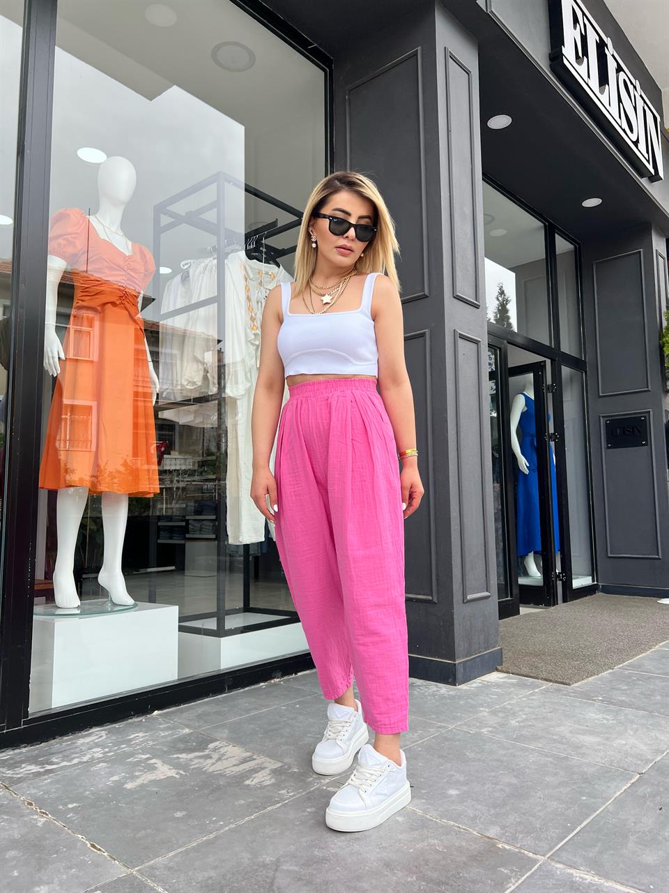 Pembe Beli Lastikli Piliseli Müslin Pantolon