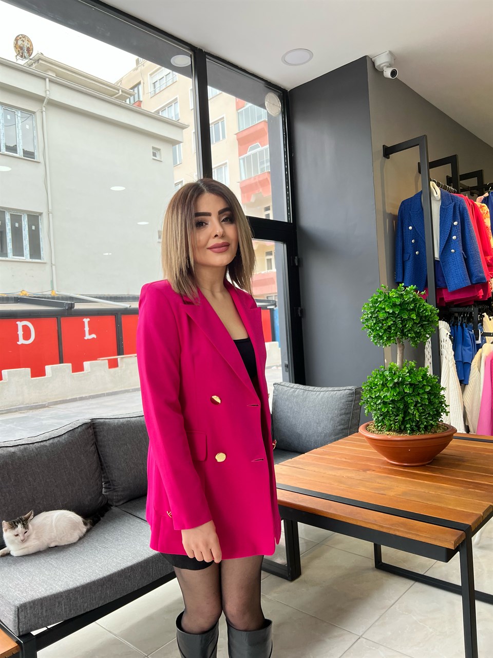 Fuşya Gold Düğme Blazer Ceket