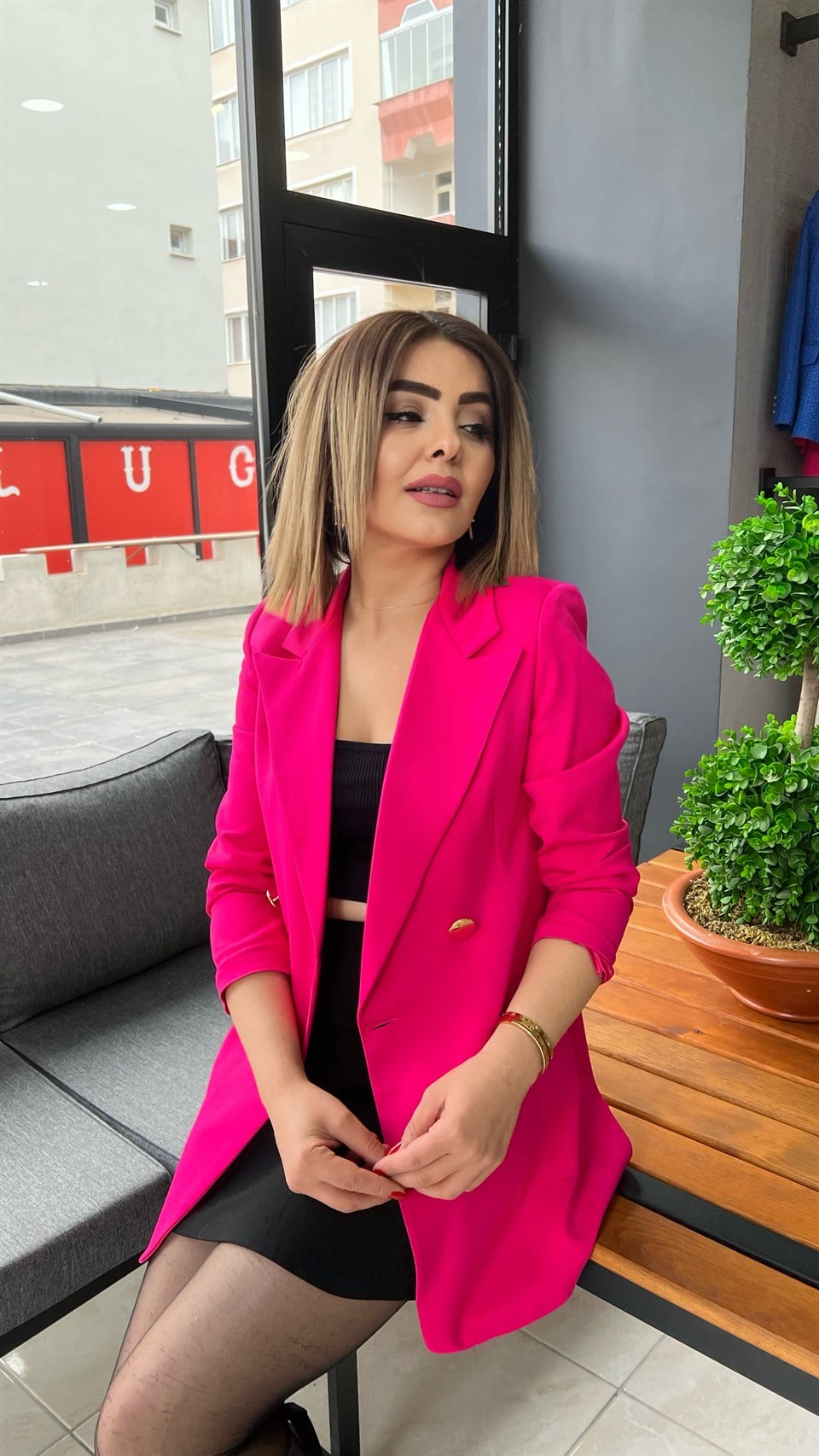 Fuşya Gold Düğme Blazer Ceket
