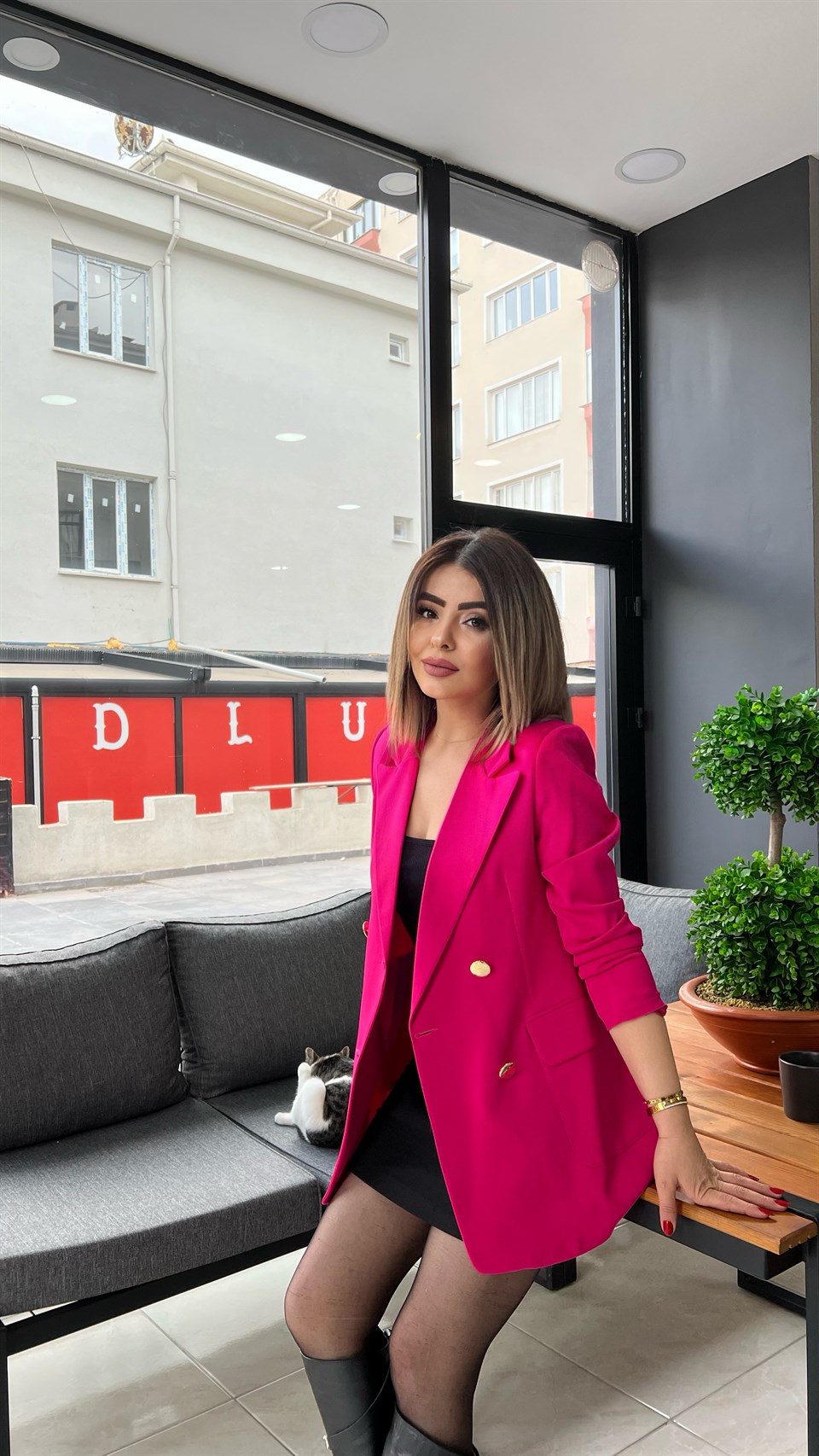 Fuşya Gold Düğme Blazer Ceket