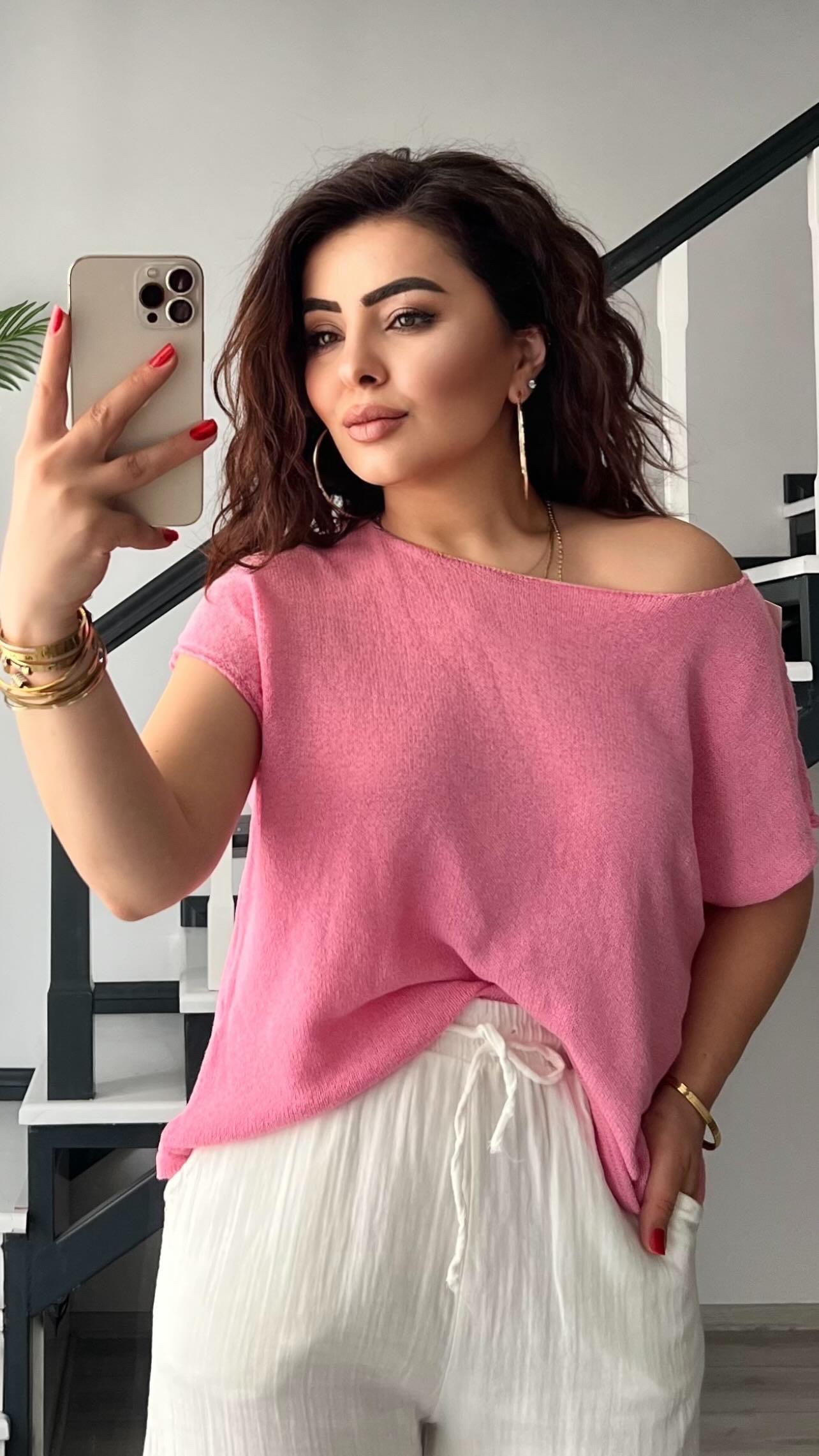 Pembe Kayık Yaka Merserize Bluz