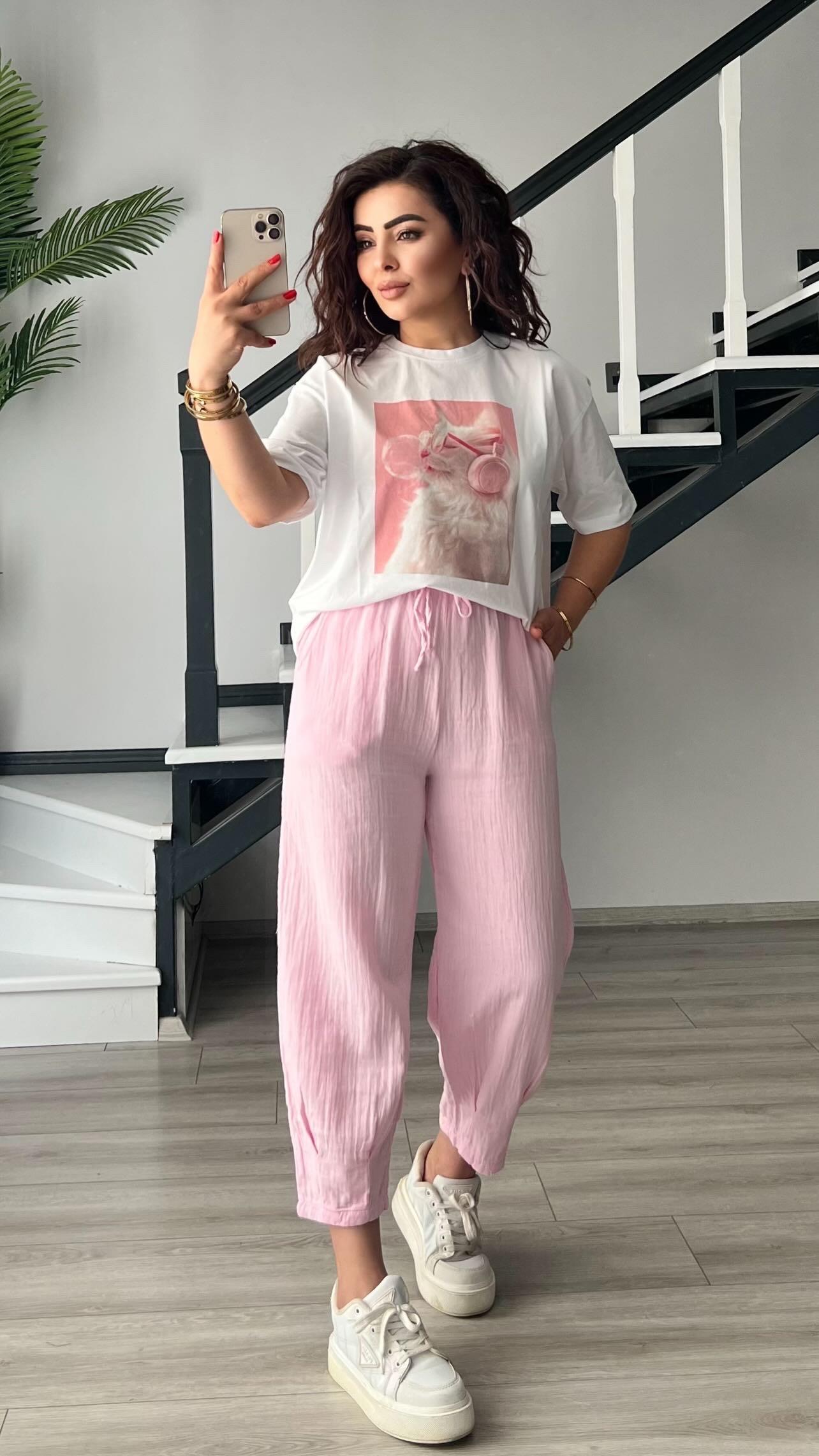 Pembe Paça Pensli Müslin Pantolon
