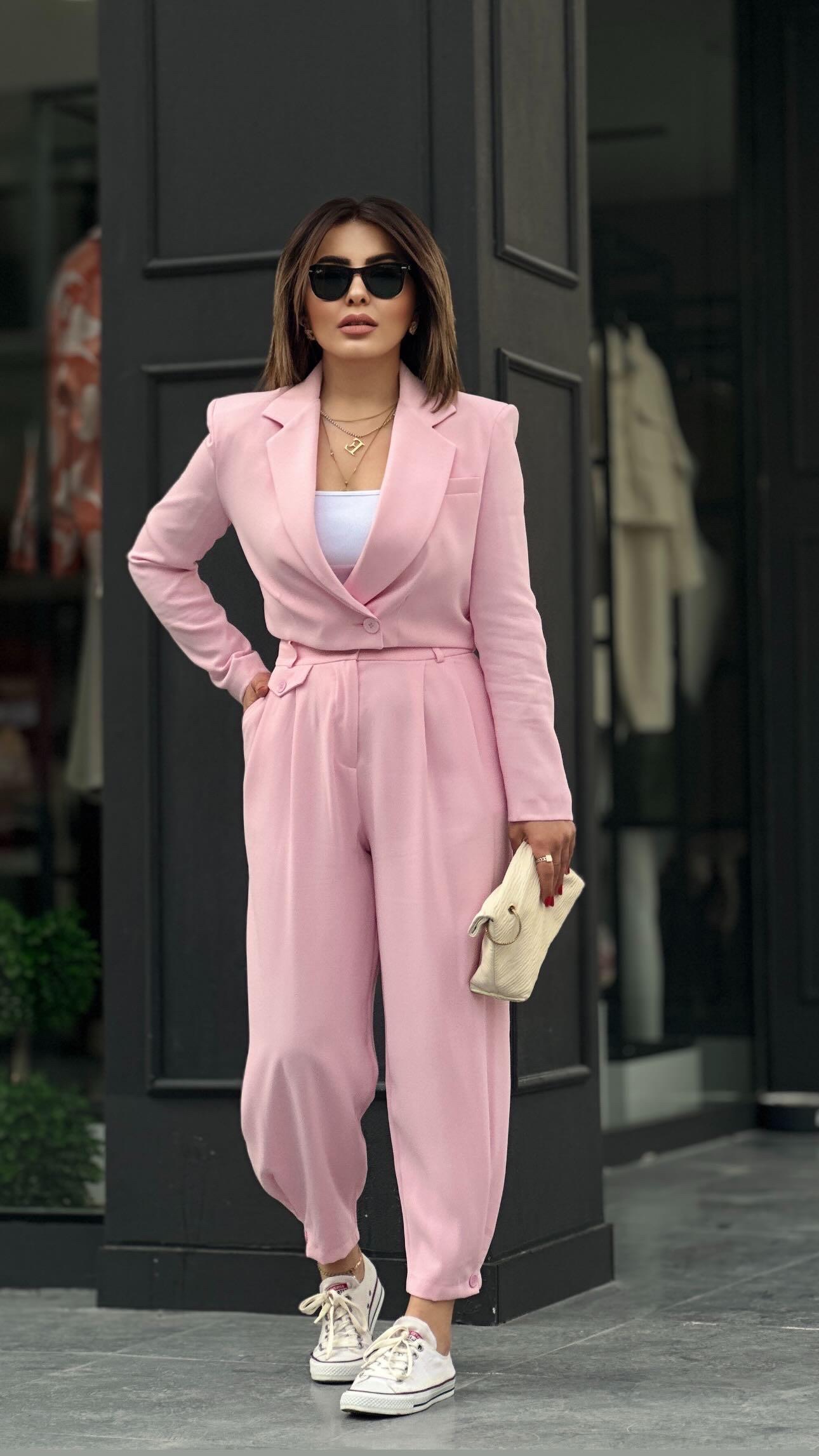 Pembe Premıum Astarlı Düğmeli Crop Ceket 