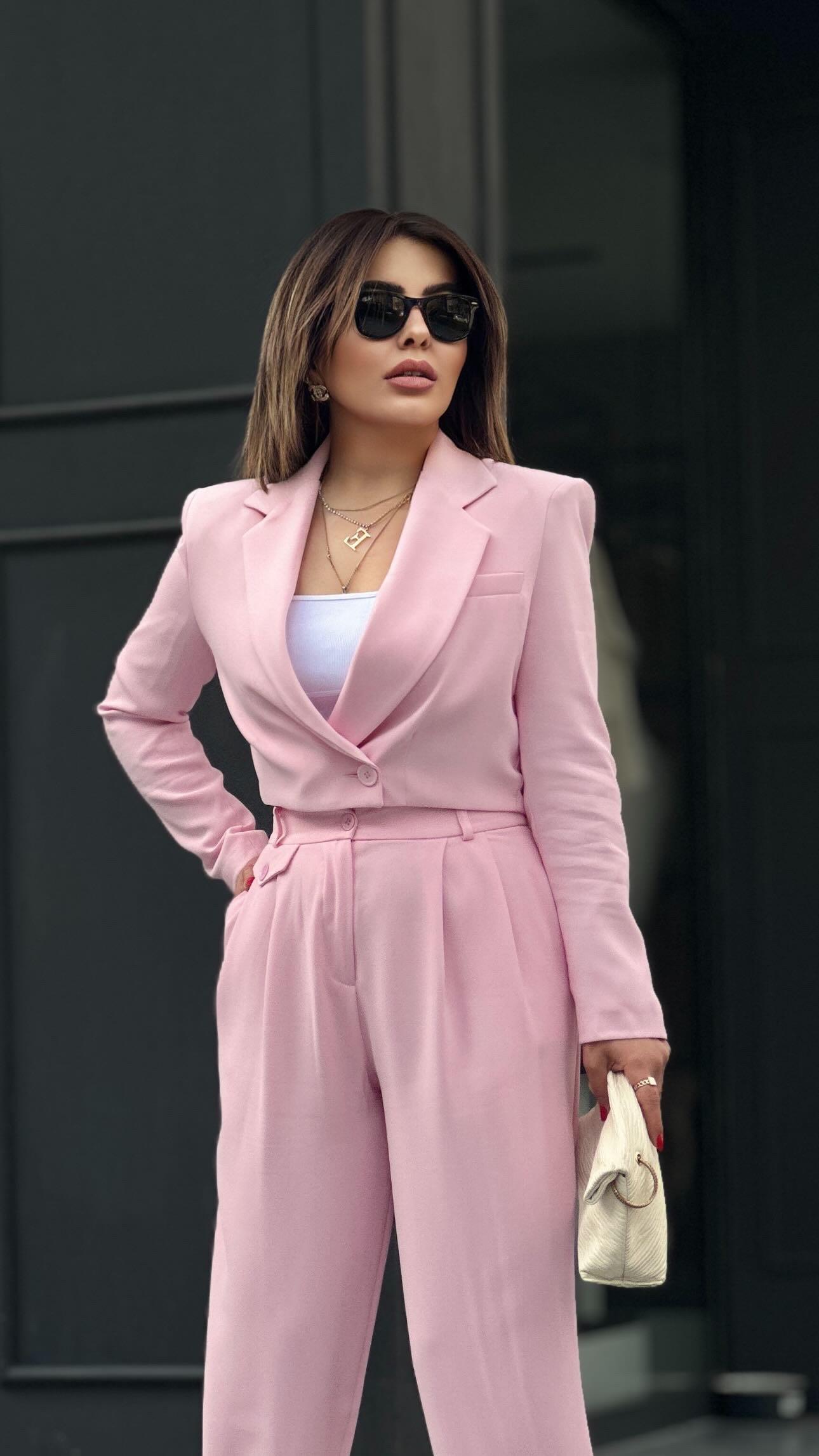 Pembe Premıum Astarlı Düğmeli Crop Ceket 