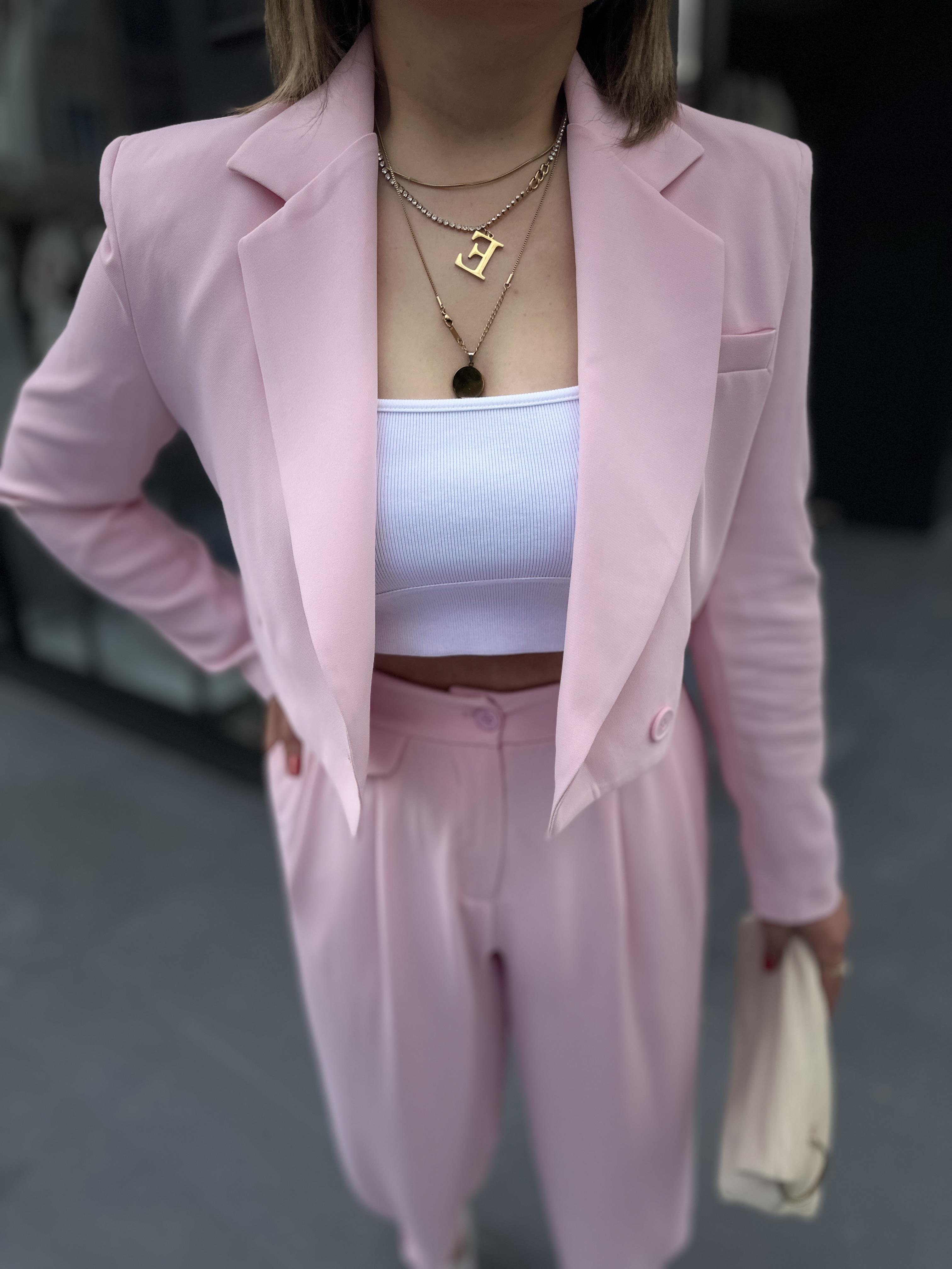 Pembe Premıum Astarlı Düğmeli Crop Ceket 