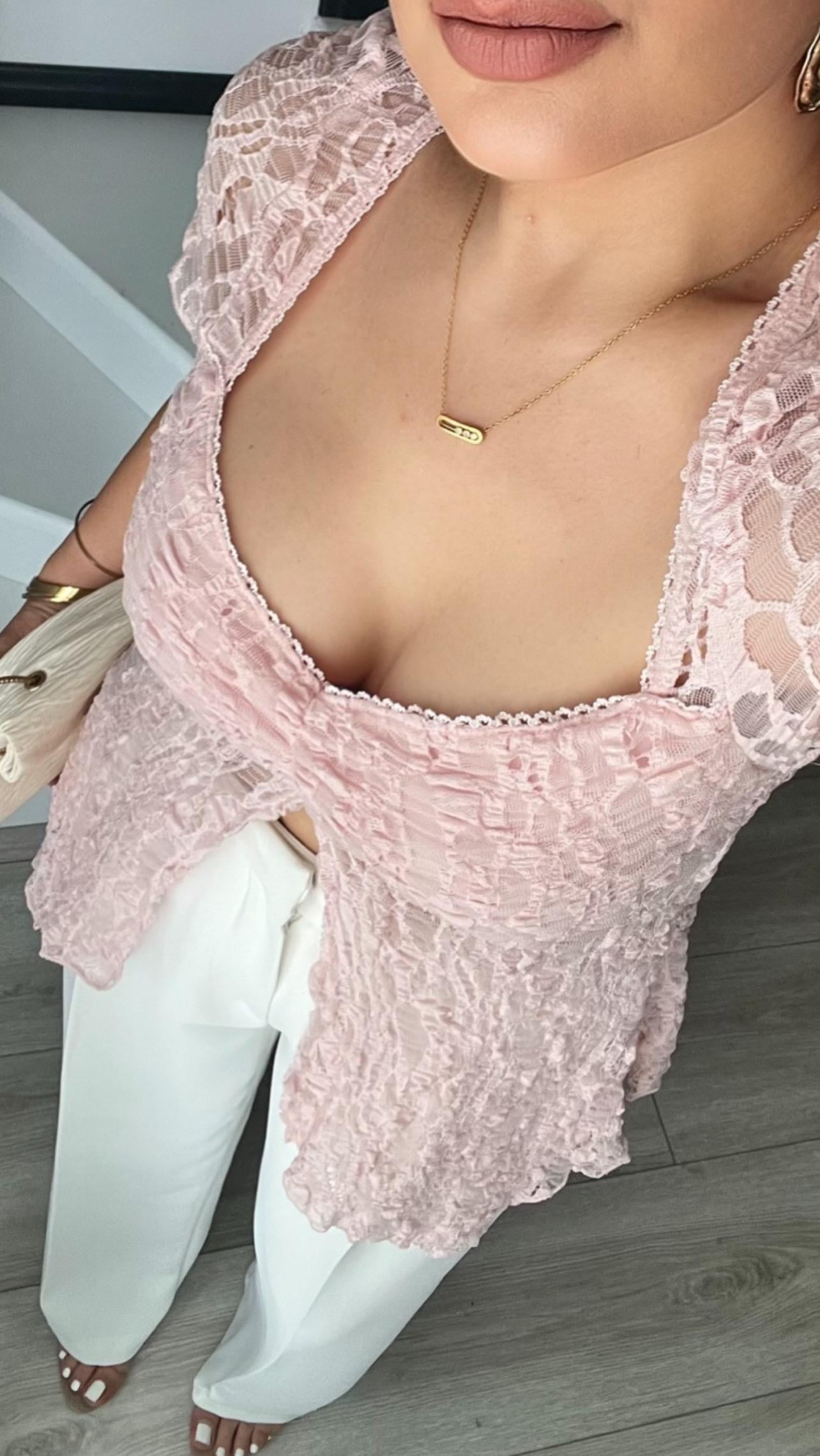 Pudra Pembe Asimetrik Dantel Bluz