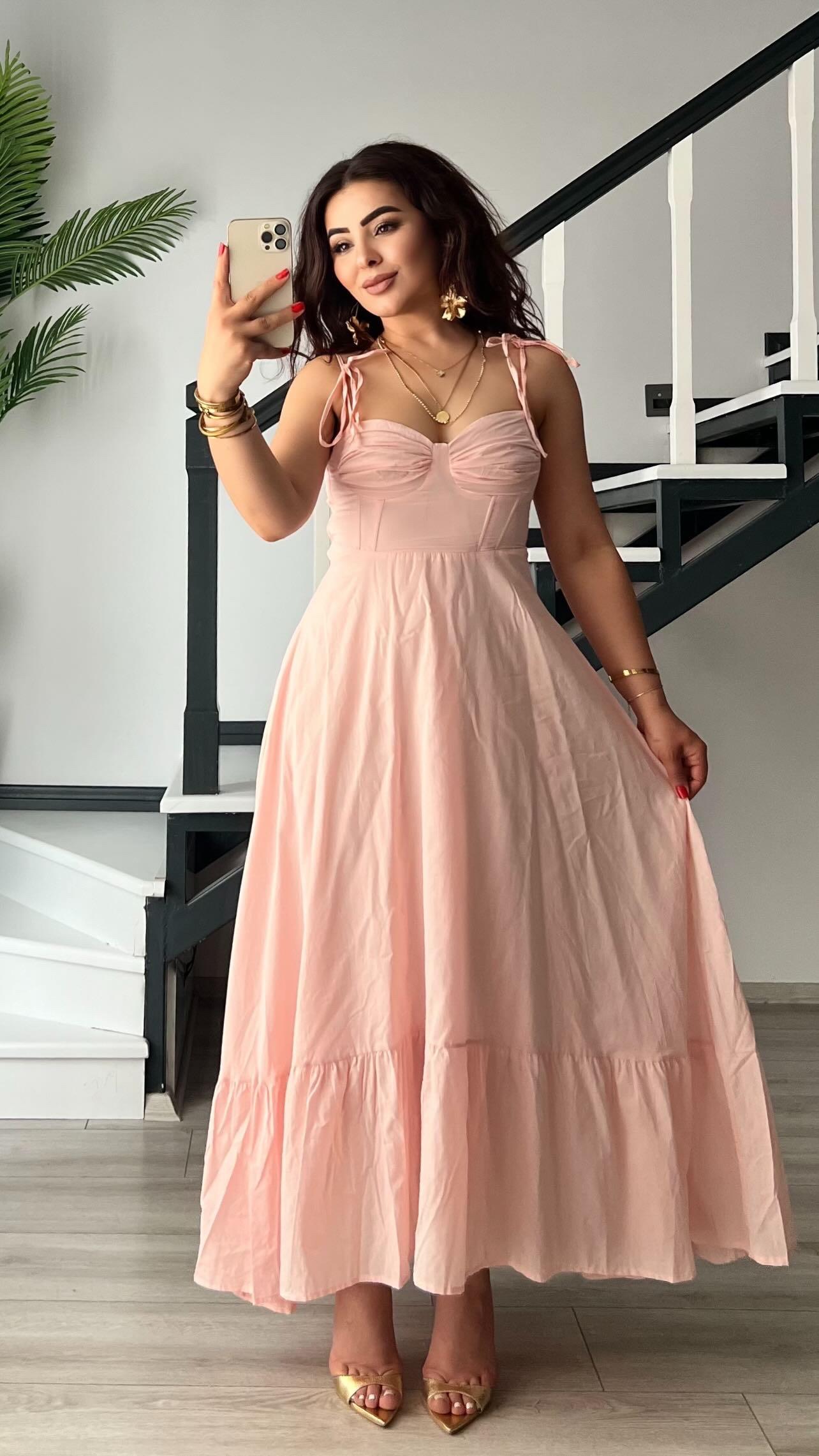 Powder Pink Brand Model Lined Ruffled Dress