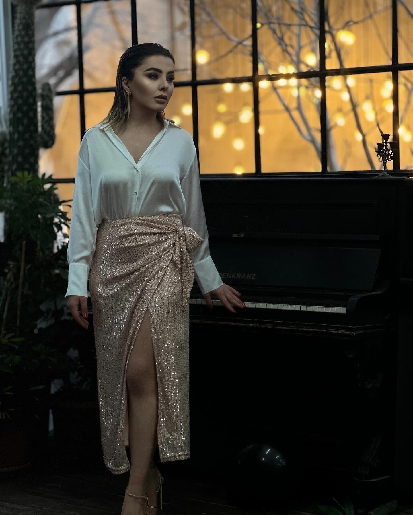 Powder Pink Side Tie Detail Sequin Long Skirt