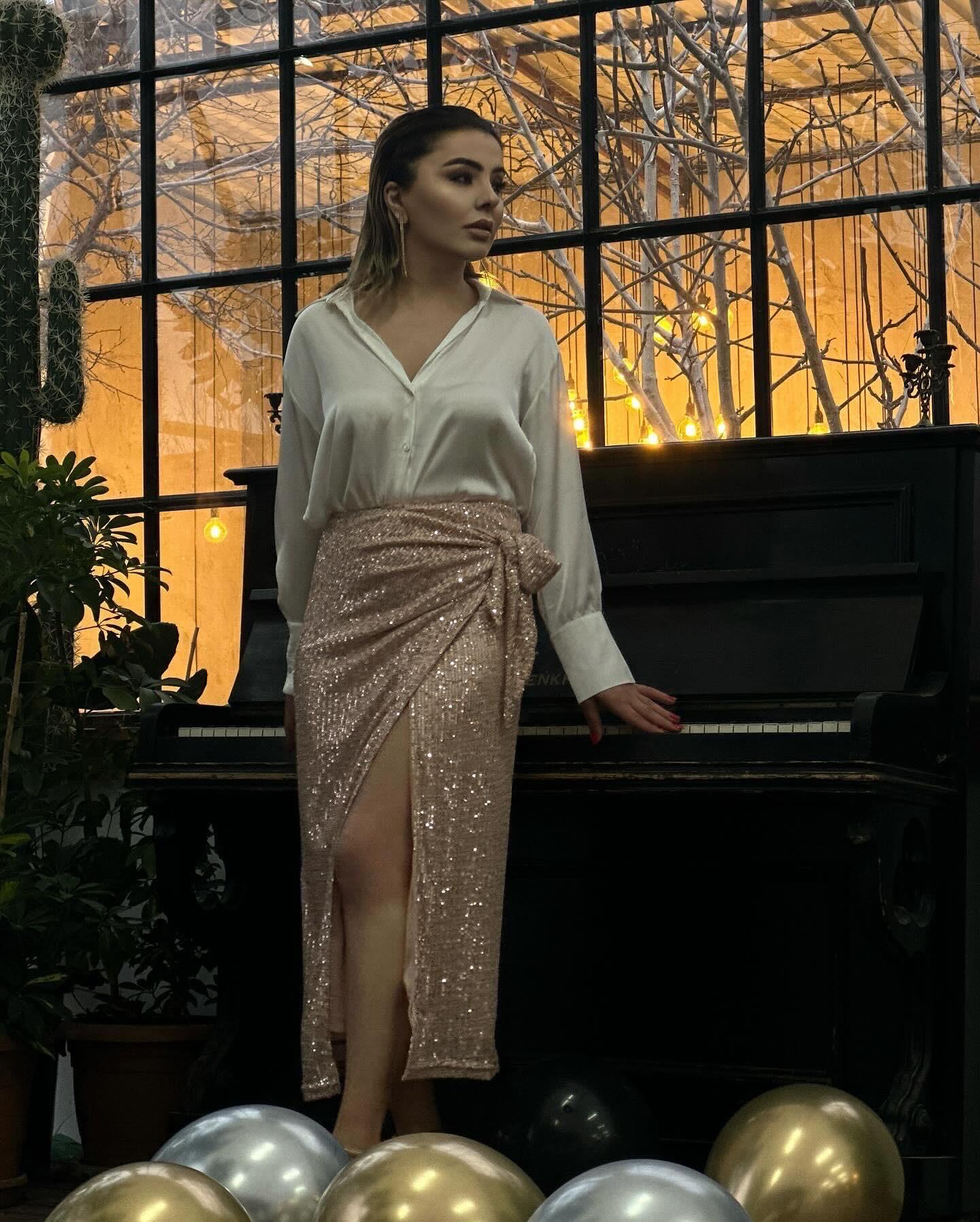 Powder Pink Side Tie Detail Sequin Long Skirt