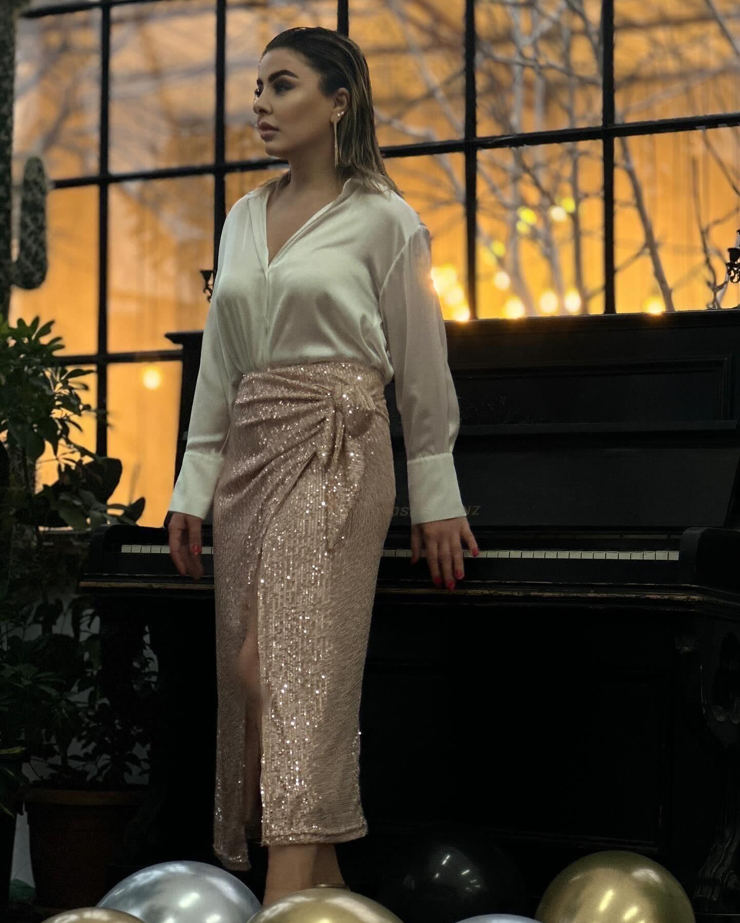 Powder Pink Side Tie Detail Sequin Long Skirt