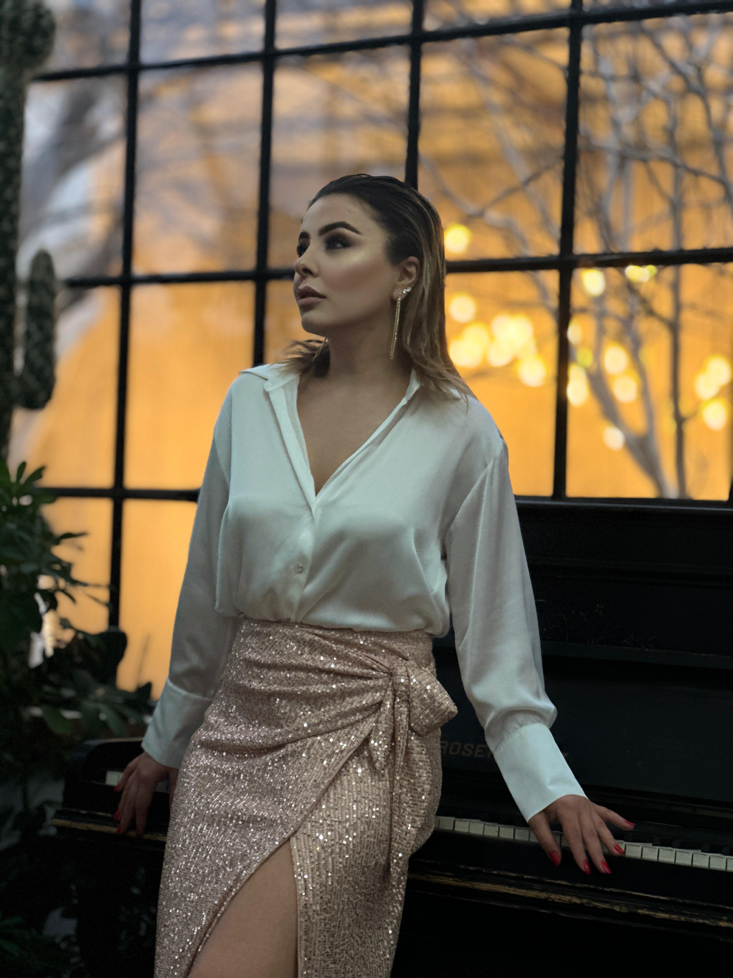 Powder Pink Side Tie Detail Sequin Long Skirt