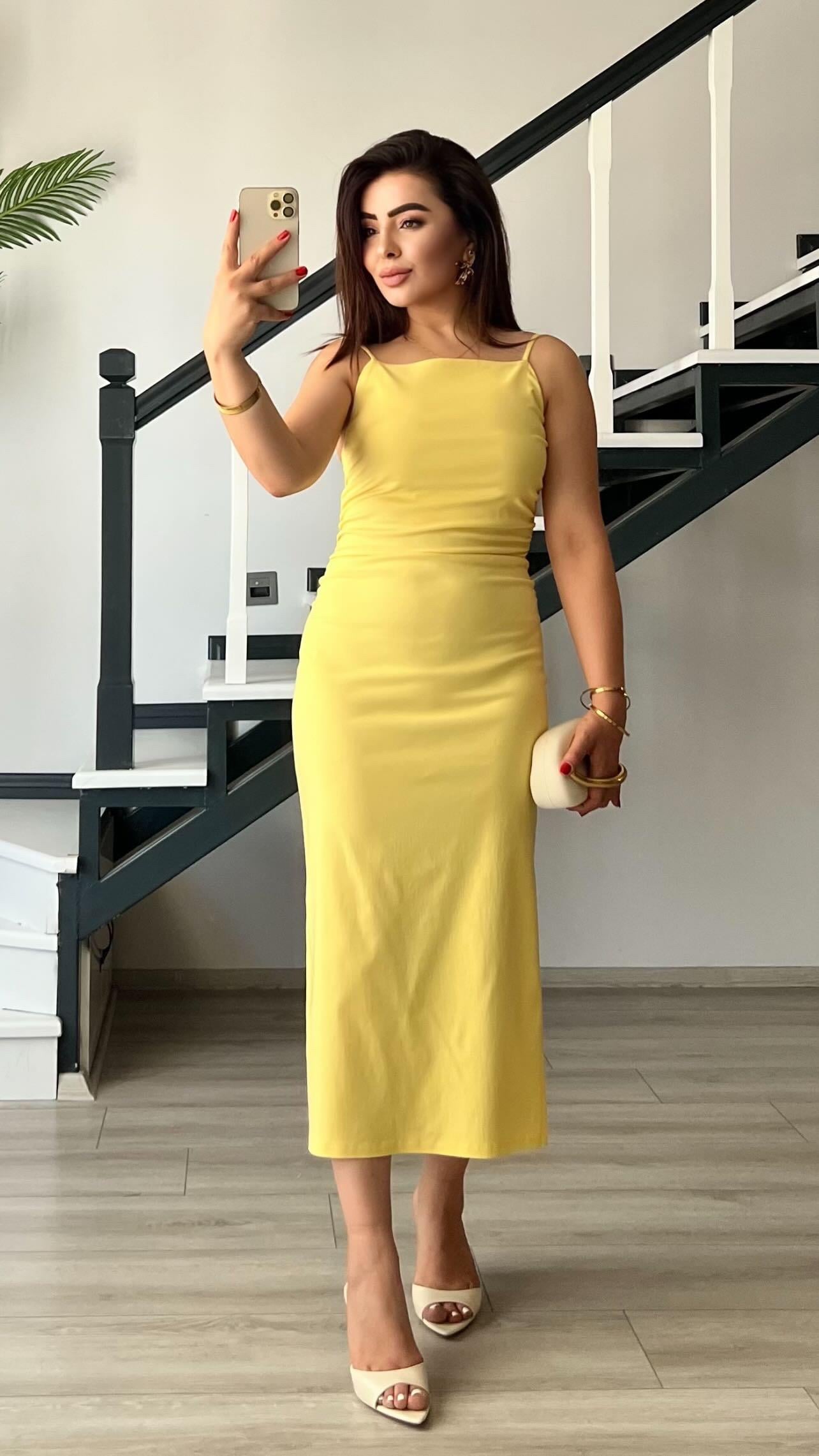 Yellow Ruched Dress with Adjustable Straps