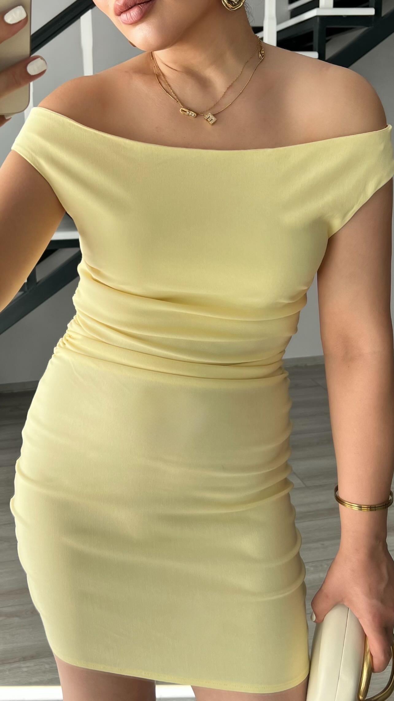Sarı Büzgülü Mini Elbise