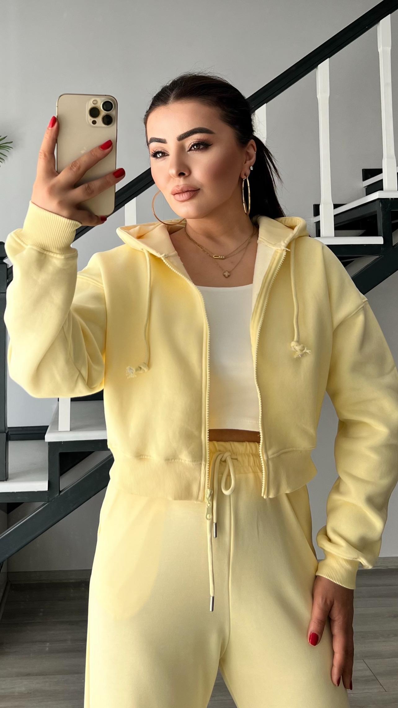 Sarı Fermuarlı Kapüşonlu Sweat