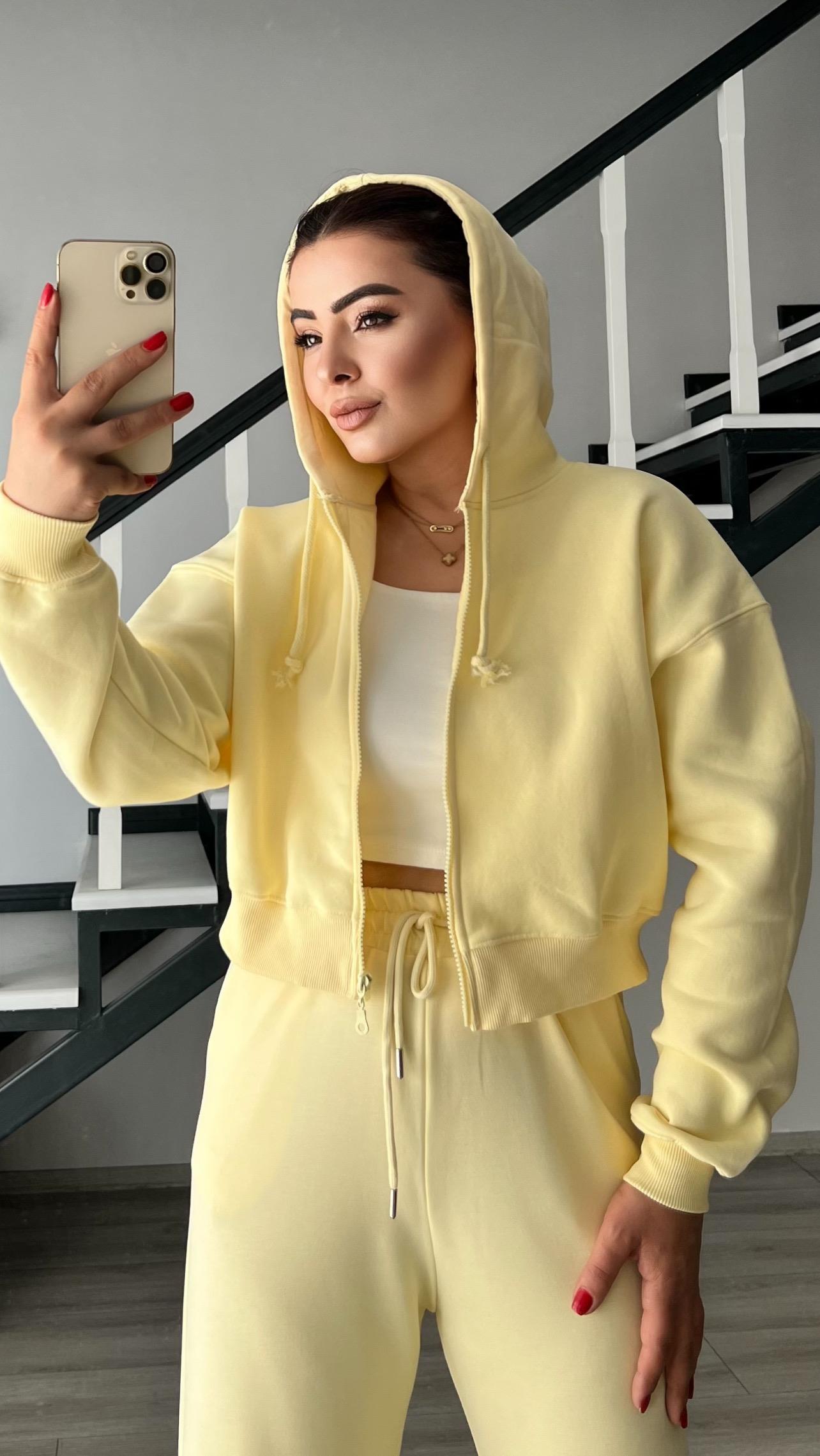 Sarı Fermuarlı Kapüşonlu Sweat