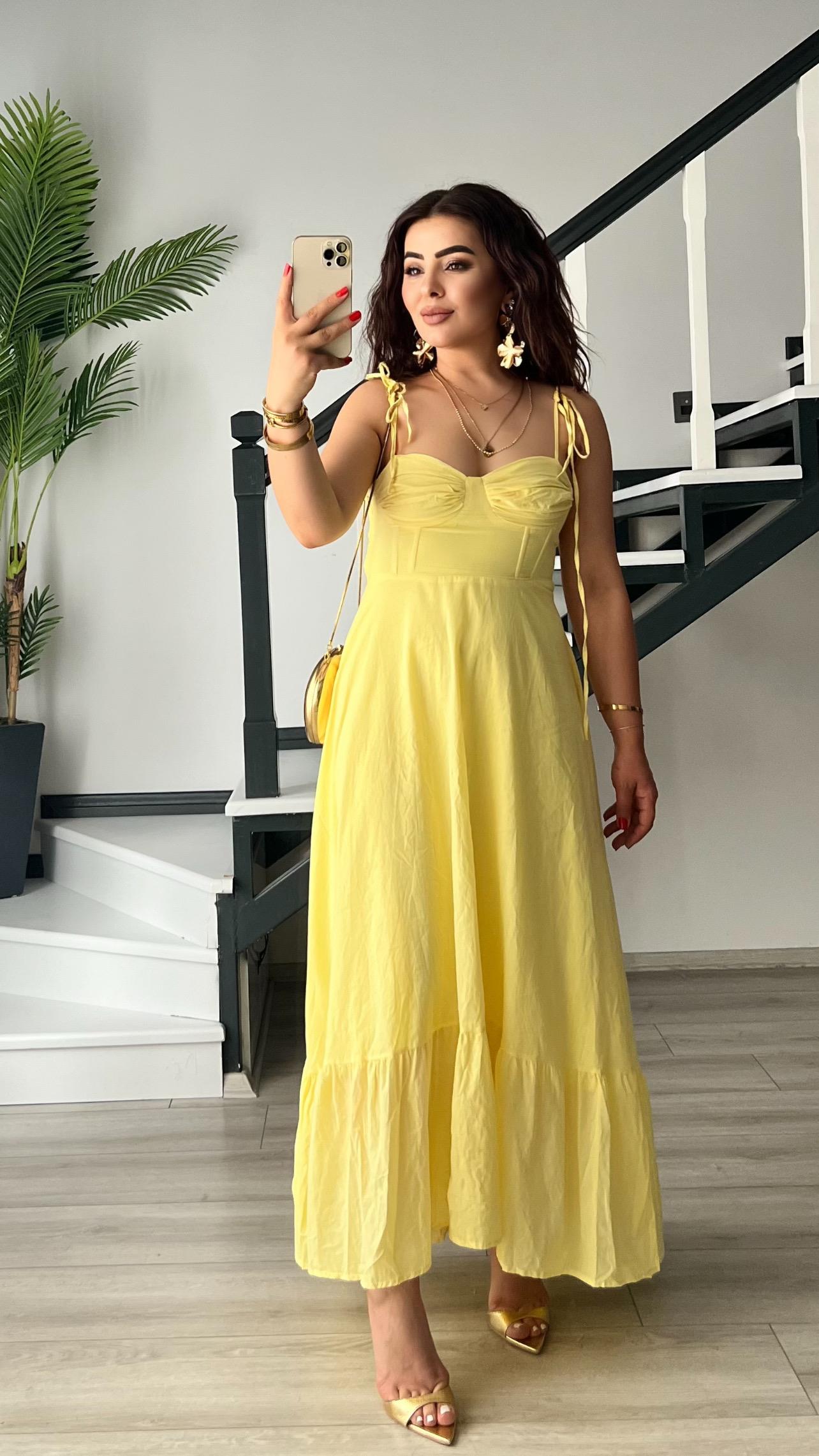 Yellow Brand Model Ruffled Lined Dress