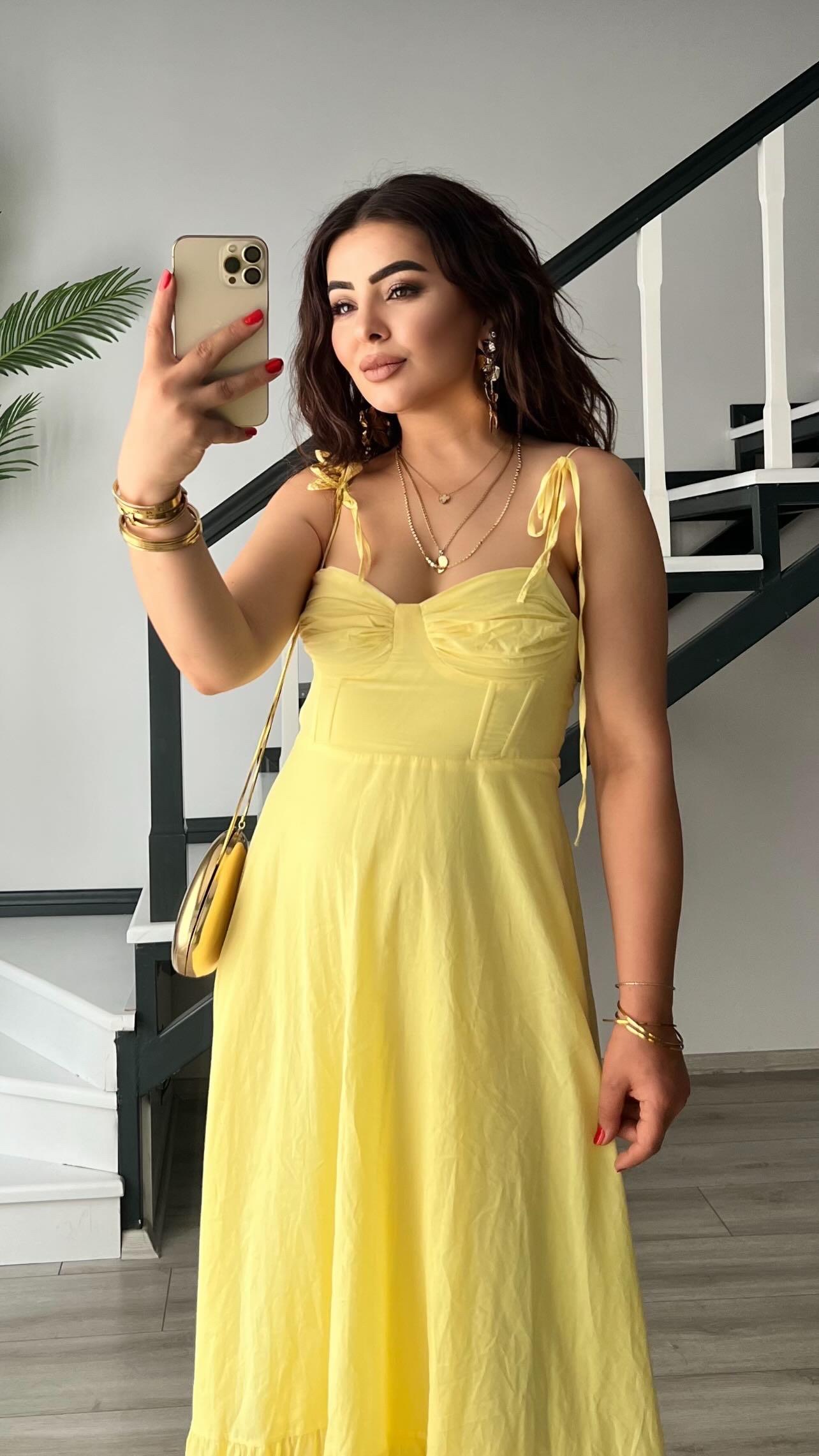 Yellow Brand Model Ruffled Lined Dress
