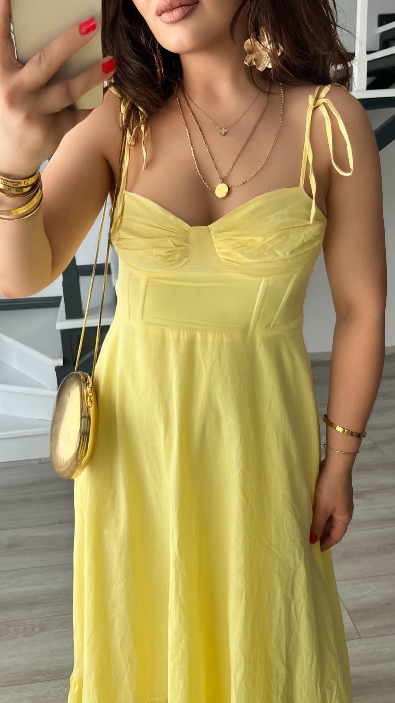 Yellow Brand Model Ruffled Lined Dress