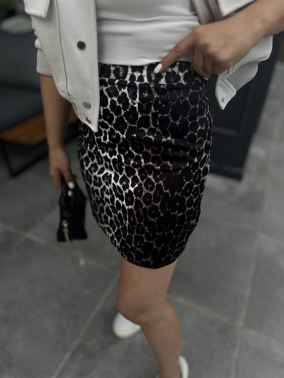 Saten Leopar Desen Mini Etek
