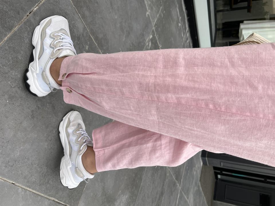 Şeker Pembe Ham Keten Paça Düğmeli Pantolon