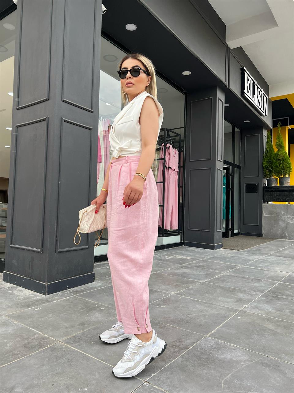 Şeker Pembe Ham Keten Paça Düğmeli Pantolon