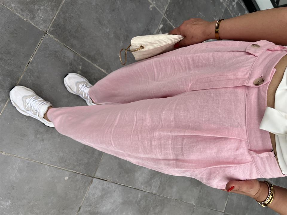Şeker Pembe Ham Keten Paça Düğmeli Pantolon