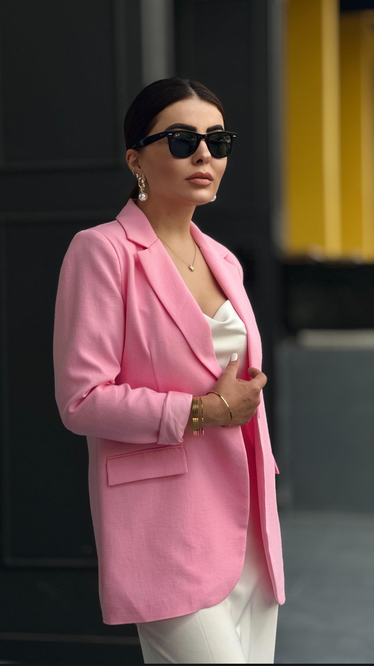 Şeker Pembe Pamuk Keten Tek Düğme Blazer Ceket 