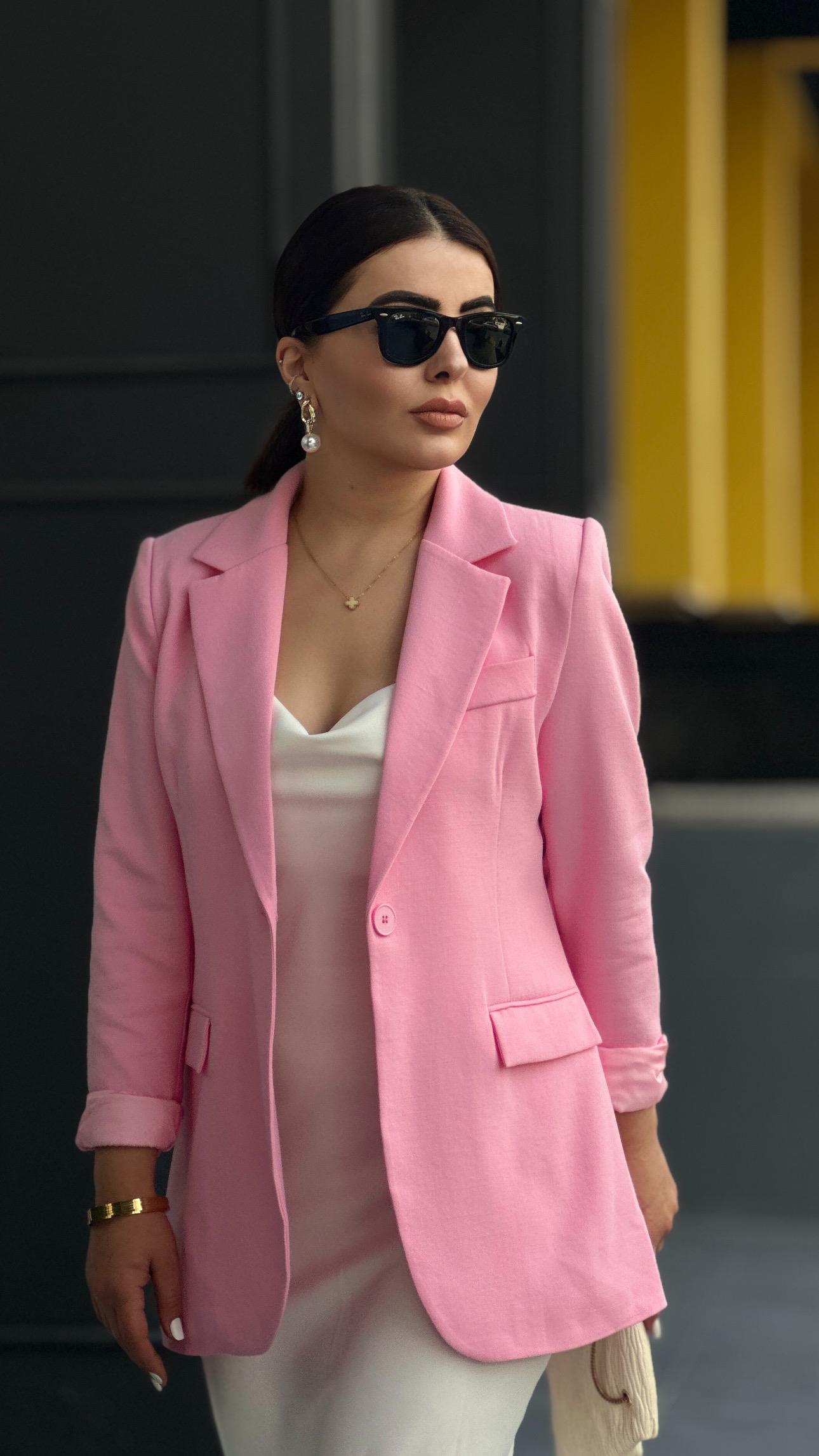 Şeker Pembe Pamuk Keten Tek Düğme Blazer Ceket 
