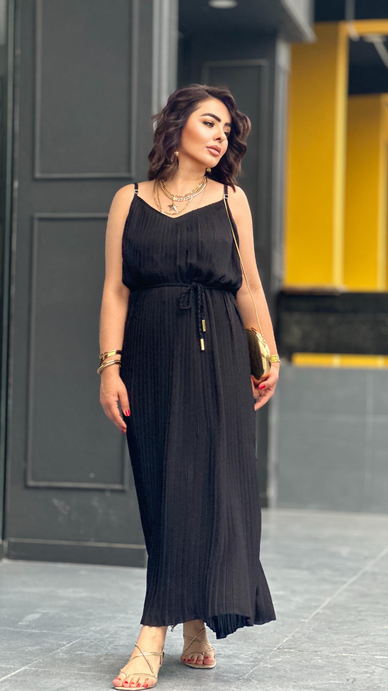 Black Strappy Pleated Dress