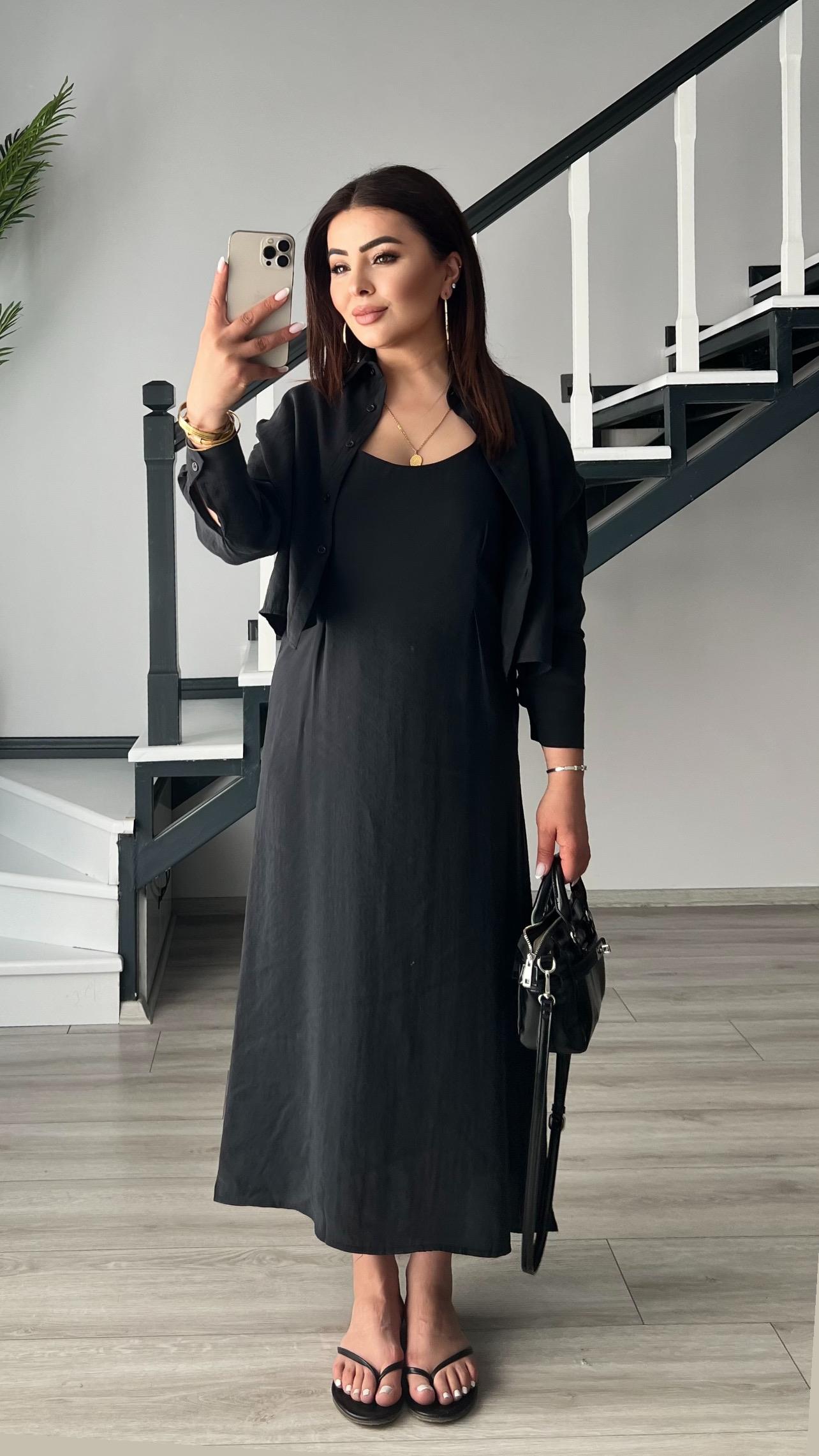 Black Adjustable Strap Modal Fabric Dress - Shirt Set