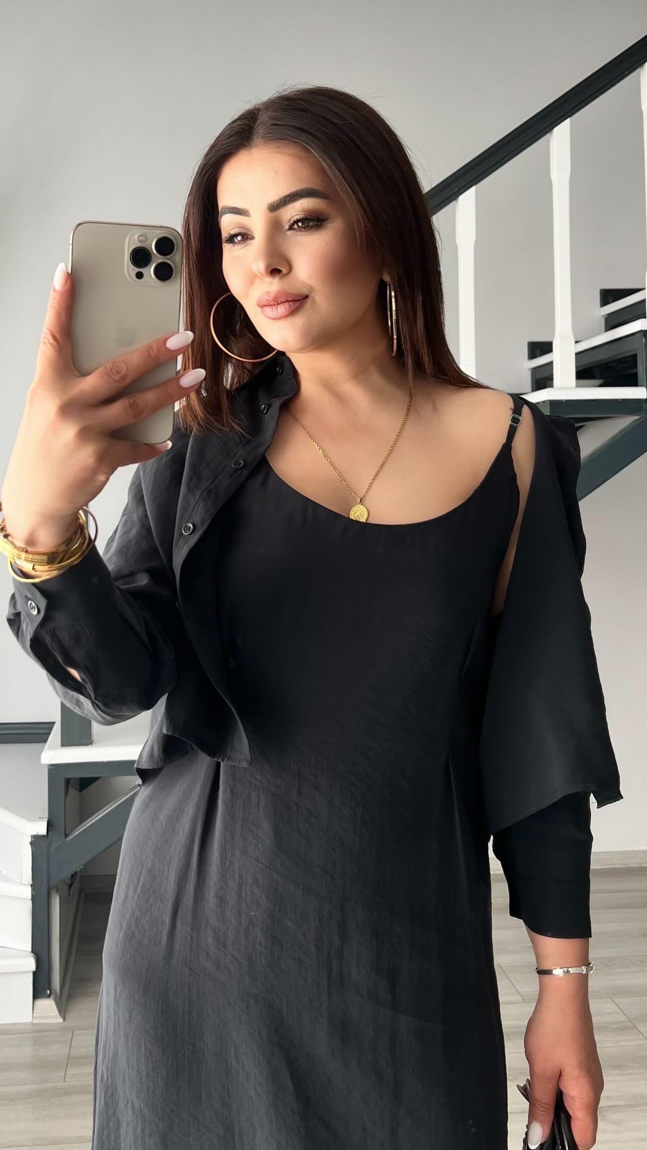 Black Adjustable Strap Modal Fabric Dress - Shirt Set